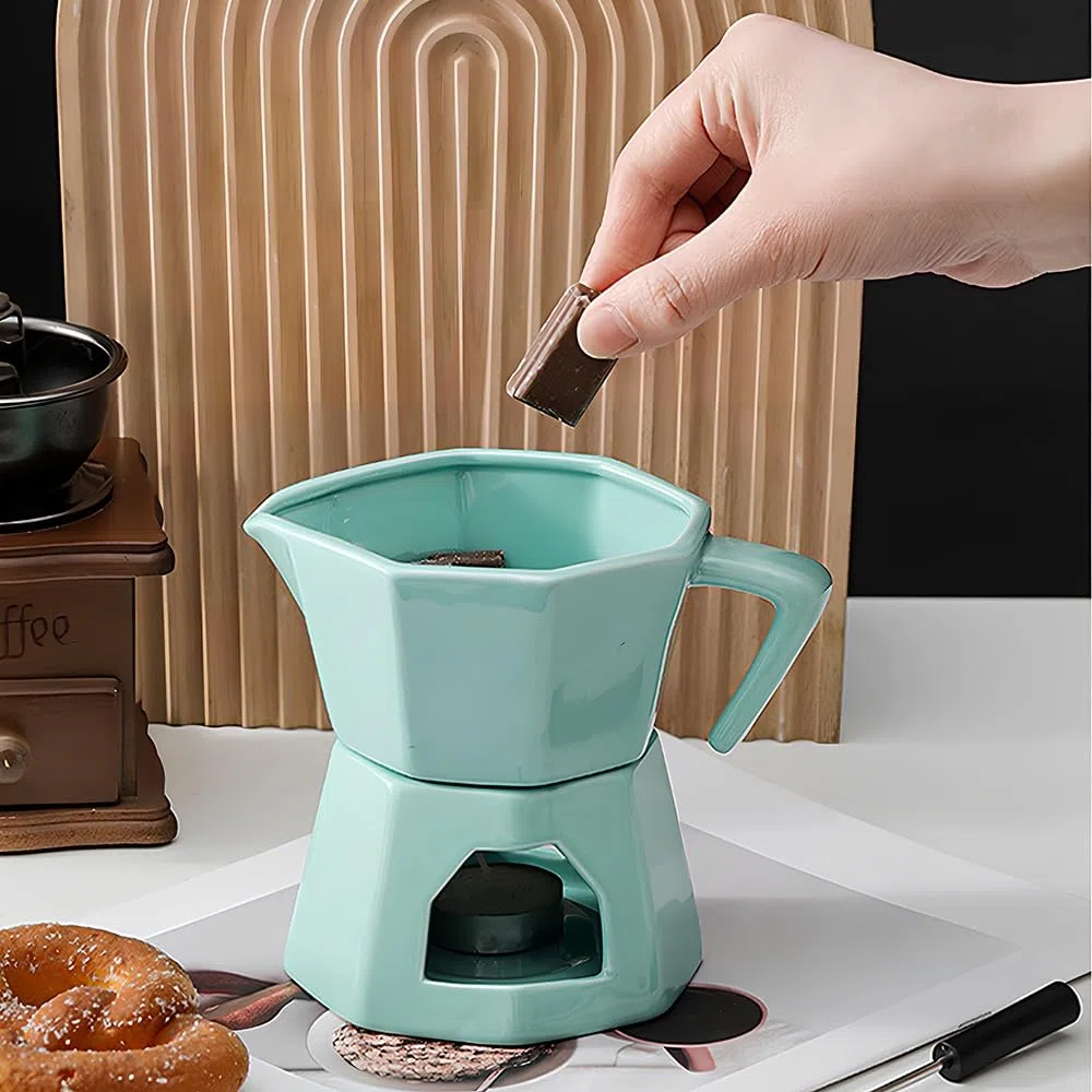 Fondue de Chocolate, Fondue Chocolate y Mantequilla de Cerámica, Set de 300ml con 1 Tenedores para Queso (Verde)