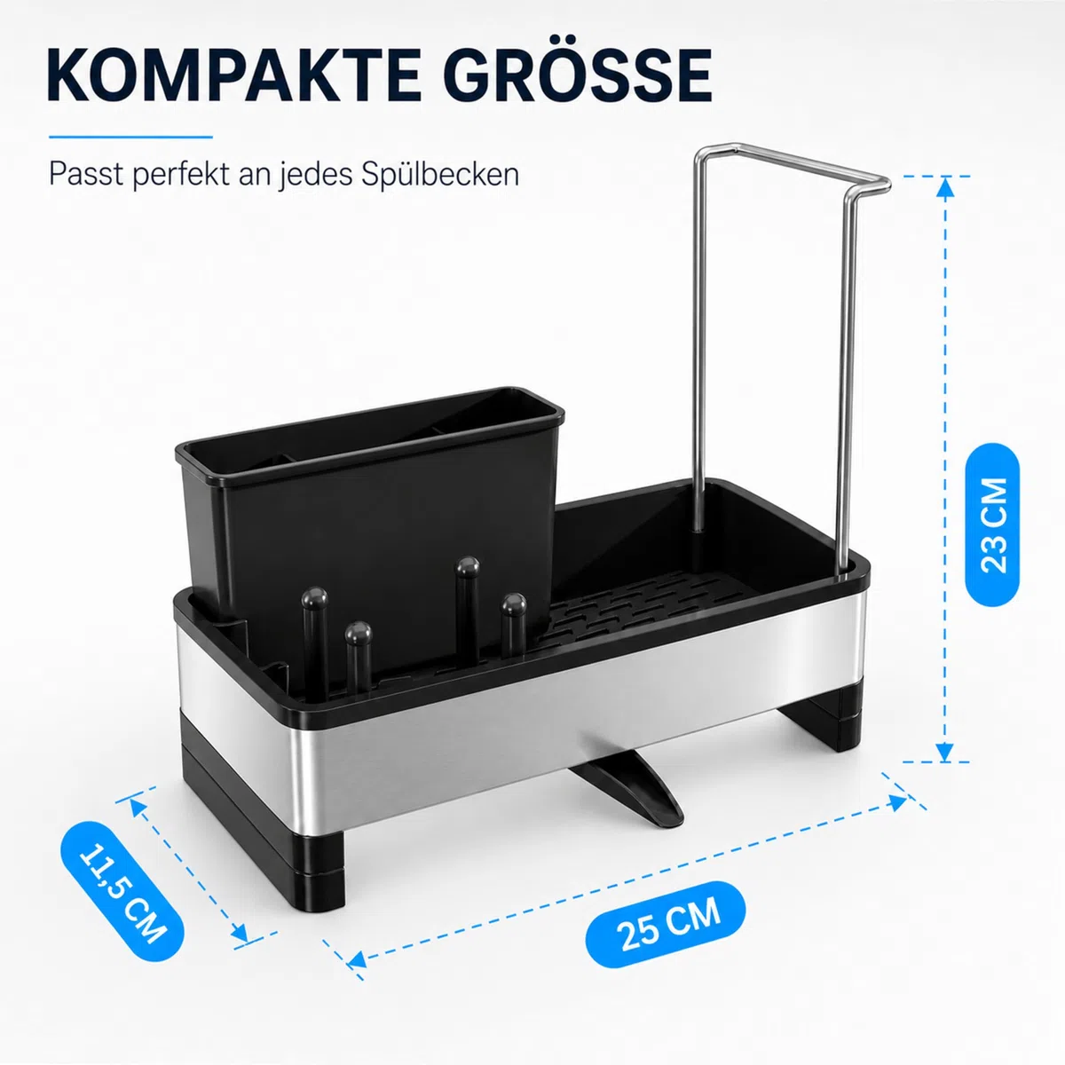 URMONA Organizador de Fregadero en Acero Inoxidable con Bandeja de Drenaje Automático, Porta Esponjas y Cepillos, Soporte para Utensilios de Limpieza (Gris)
