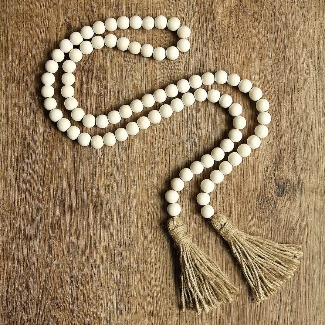 Accesorios decorativos para el hogar, guirnalda de cuentas de madera, guirnalda de borlas, 1 paquete de guirnalda de cuentas de madera de 60 pulgadas con borlas, cuentas rústicas para decoración de
