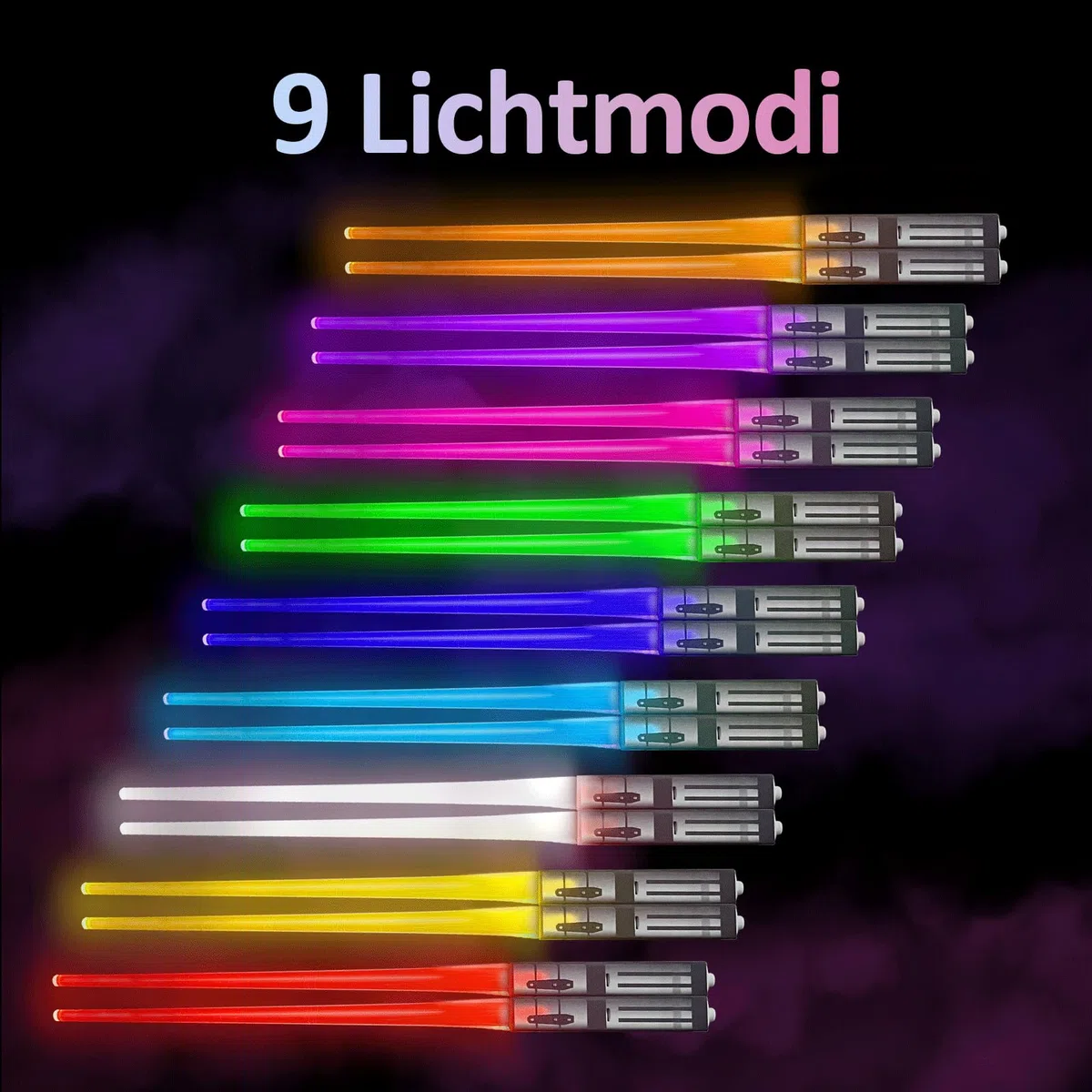 Palillos de sable de luz, SOARFLY 2 pares de palillos LED con 9 modos de color, Lightsaber Chopsticks sin BPA, reutilizables, palillos luminosos para cocinas, cenas, sushi, fiestas, cubiertos