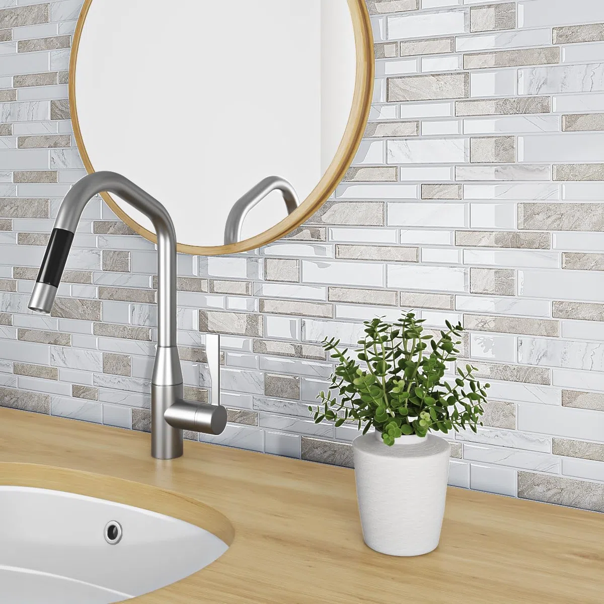 Livelynine Azulejos Adhesivos Cocina 3D Efecto Marmol Beige Blanco 30x30CM Baldosas Adhesivas Pared Baño Efecto Pietra Marron Claro Impermeable Losetas Autoadhesivas Pared Cocina Metro 3D, 4 Piezas