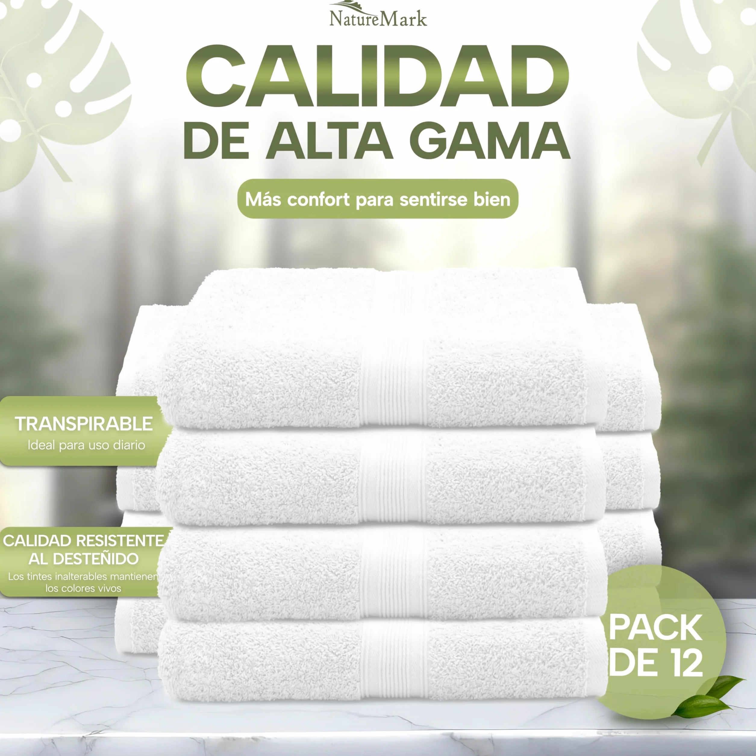 NatureMark Toallas de Invitado – Pack de 12 (30x50 cm), 100% Algodón, Certificación Oeko-Tex, Suaves, absorbentes y fáciles de cuidar – para baño, Invitados y SPA – Color Blanco