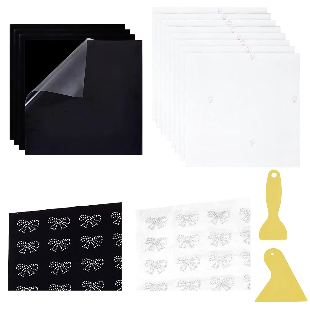 NBEADS 1 kit de Material de Plantilla Adhesiva con Diamantes de Imitación, 8 papel de Transferencia Térmica de Diamantes de Imitación, 4 películas de Transferencia Térmica Flocadas Y 2 raspadores