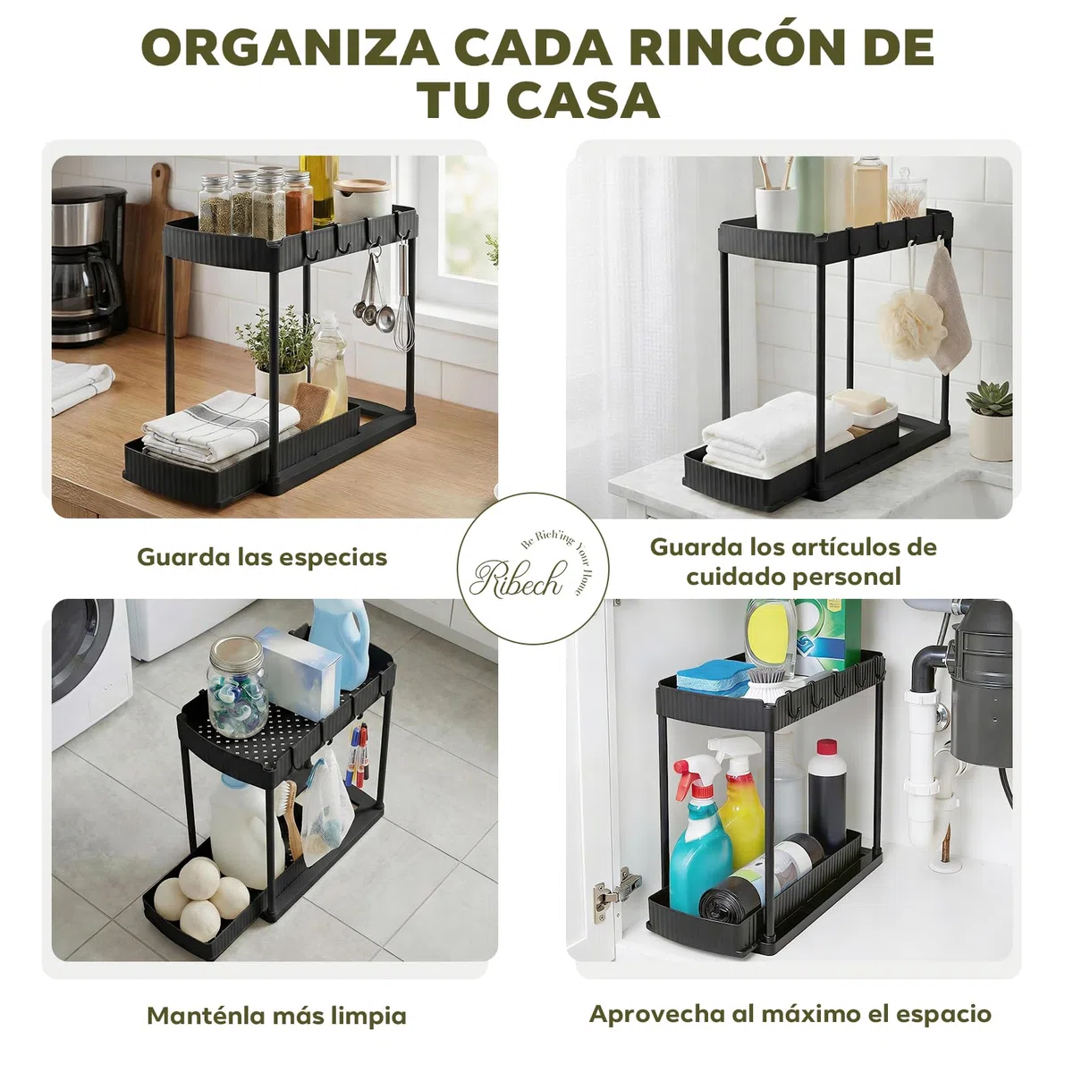 Organizador bajo Fregadero 2 Niveles con Cajón Extraíble – Sin Herramientas Estante con 4 Ganchos, para Baño & Cocina, Negro