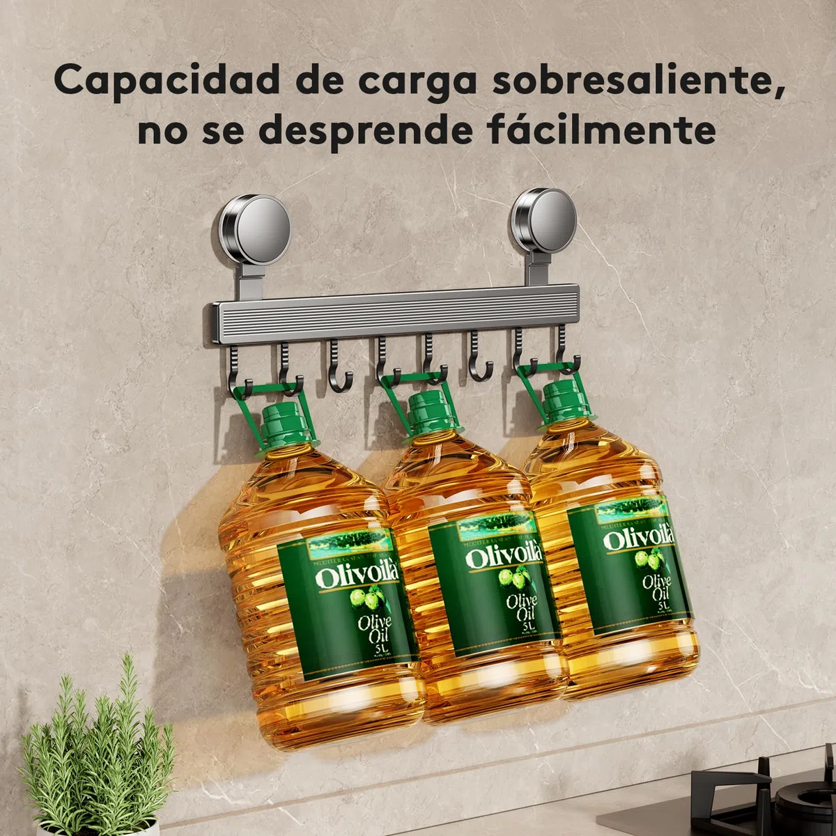 Barra de ganchos para cocina sin taladro con ventosa | 8 ganchos, 40 cm de largo, capacidad de carga de 20 kg, instalación en 1 minuto | Barra desmontable para utensilios de cocina