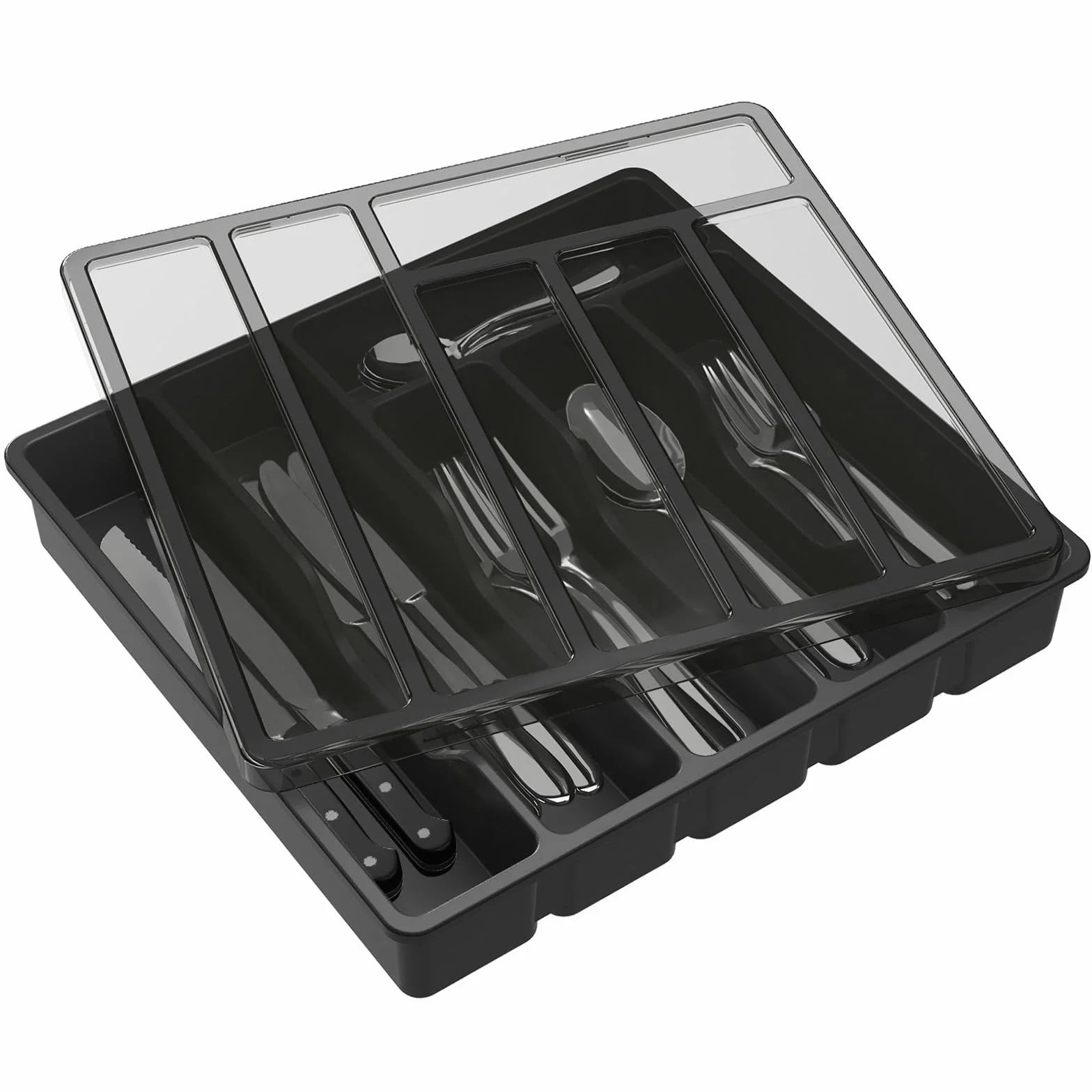 Lifewit Organizador cubiertos para cajon con tapa, Caja de cubiertos para cajón de cocina, Organizador de cajón de plástico para cuchillos, tenedores, cucharas, Bandeja con 6 compartimentos, Negro