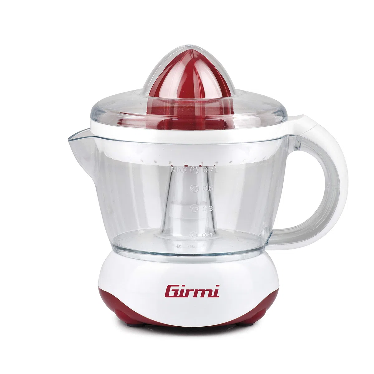 Girmi SR0201 Exprimidor de cítricos, 25W, capacidad 700cc, Doble copa para exprimir, Regilla filtrante, Blanco/Rojo