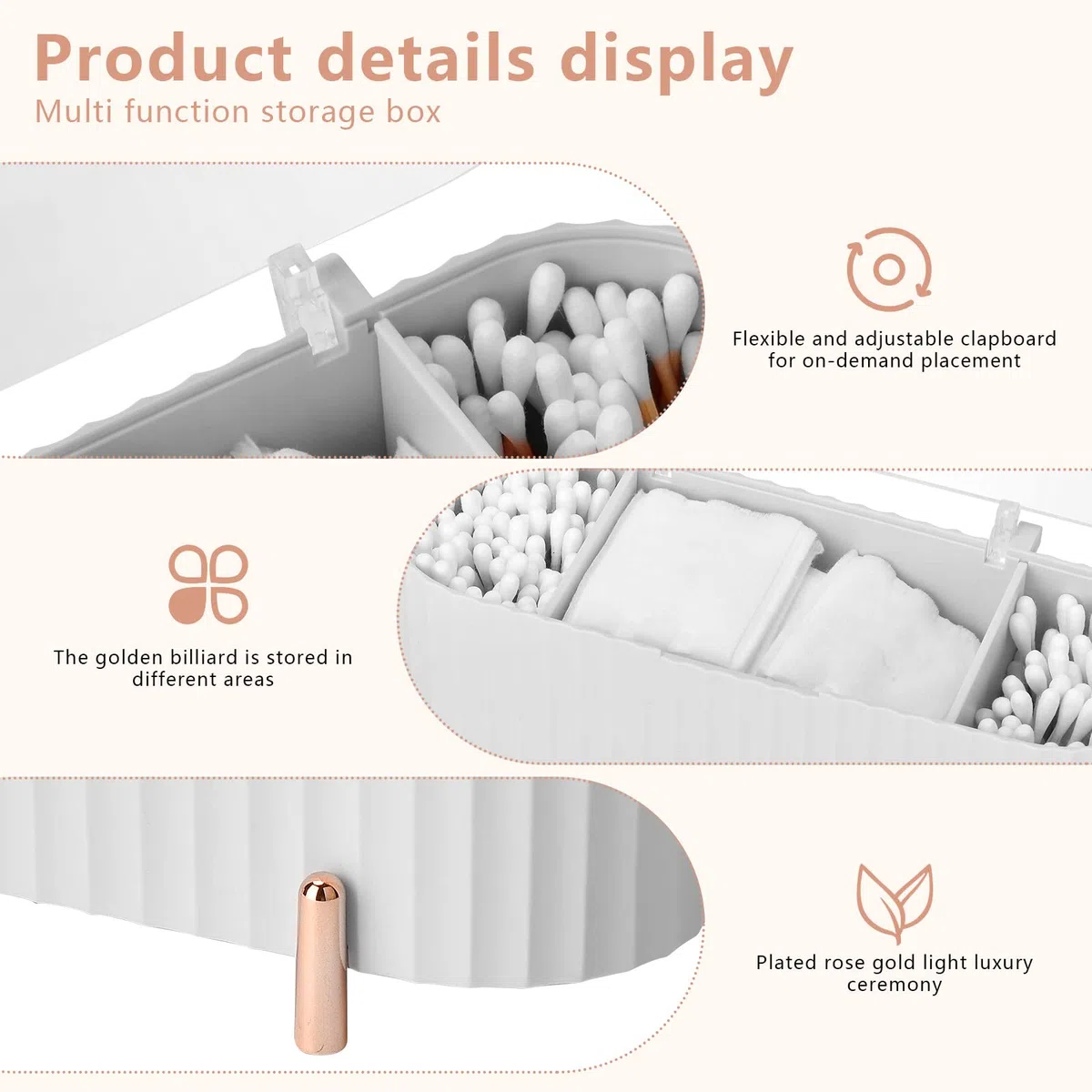Organizador de cosméticos de Maquillaje, Almacenamiento de Almohadillas de algodón con Tapas, Pincel para Sombra de Ojos, 4 Compartimentos Accesori (Blanco)