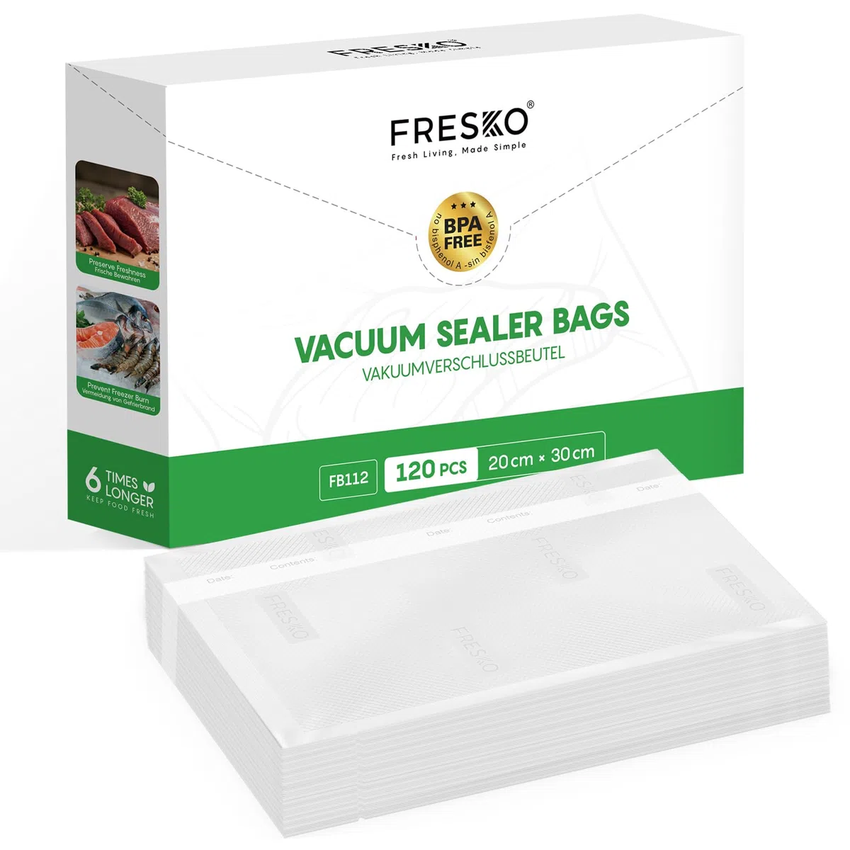 FRESKO Bolsas de Vacio para Alimentos, 120 Bolsas 20x30cm Bolsa Gofrada Envasado al Vacio con Textura de Grado Comercial para Cocinar al Vacío, sin BPA y Aprobada por la FDA