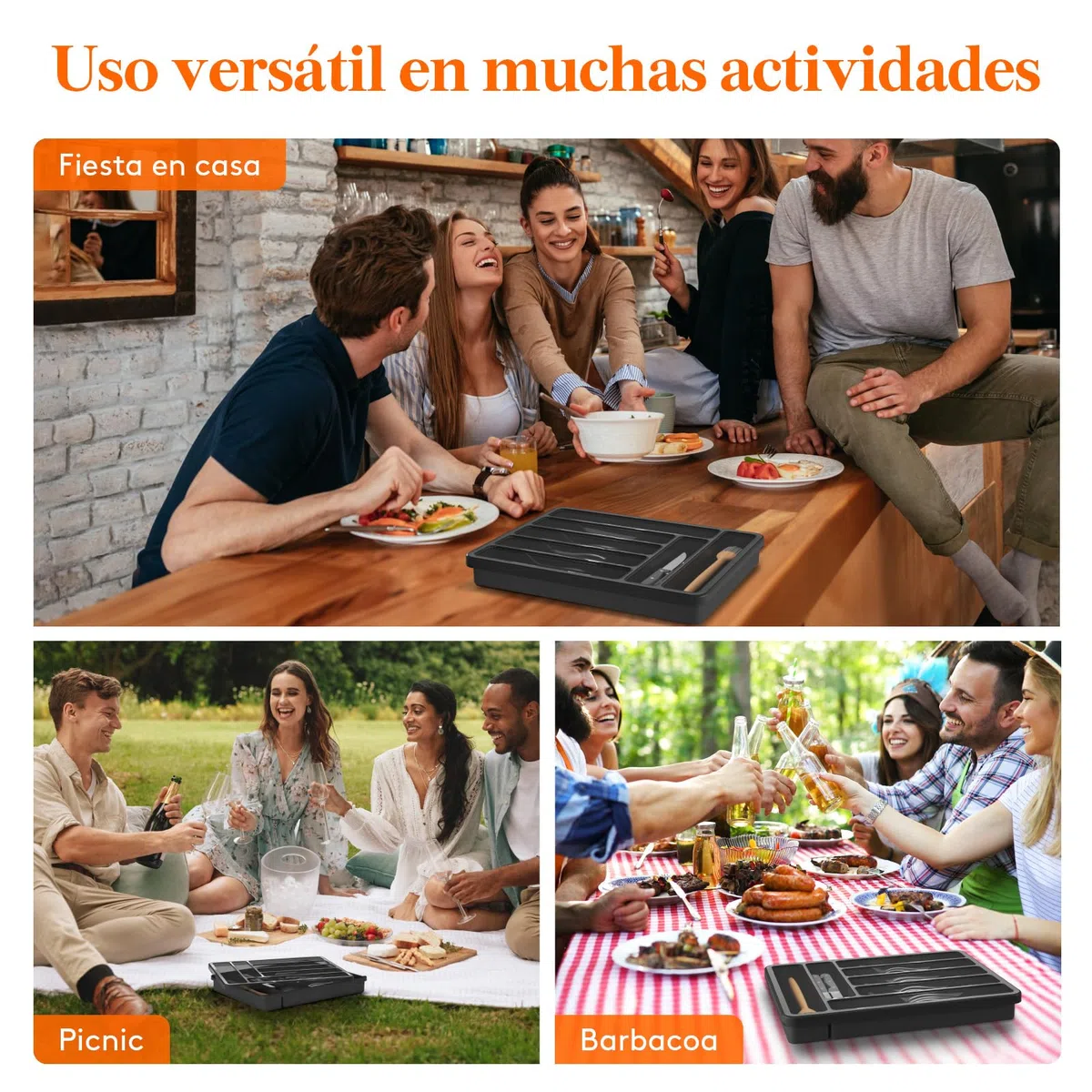 Lifewit Caja de Organizador de Cuberteros Con Tapa, Bandeja Utensilios de Plástico para Cajon Cocina Encimera, Caso de almacenamiento para Cuchillo/Cuchara/Tenedor/Vajilla, 7 compartimentos, Negro