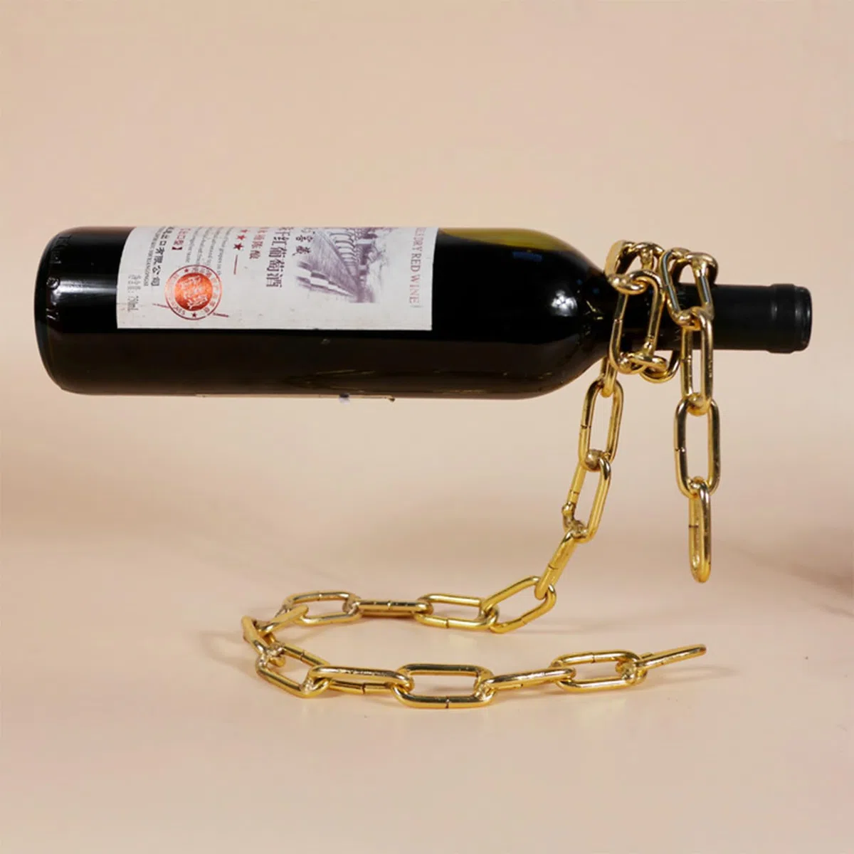 Soporte Botella Cadena, Portabotellas Mágico, Soporte Vino Cadena Colgante, Cadena Flotante Botellas Vino, Cadena Botellas Mágicas, para Mesa de Comedor, Cocina, Bar,Bodega (Dorado)