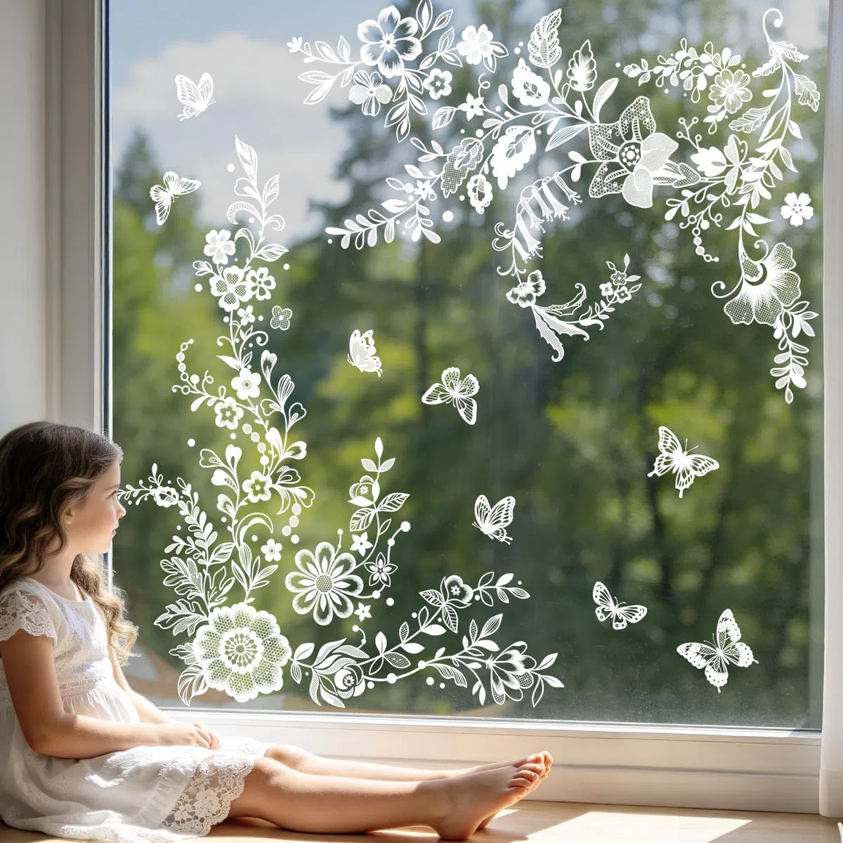 Tanlaby Pegatinas de Ventana Flores Blancas Lirio de los Valles Margaritas Mariposas Vinilos Cristales Diseño Primaveral para Ventanas Puertas de Vidrio Salón Dormitorio Oficina