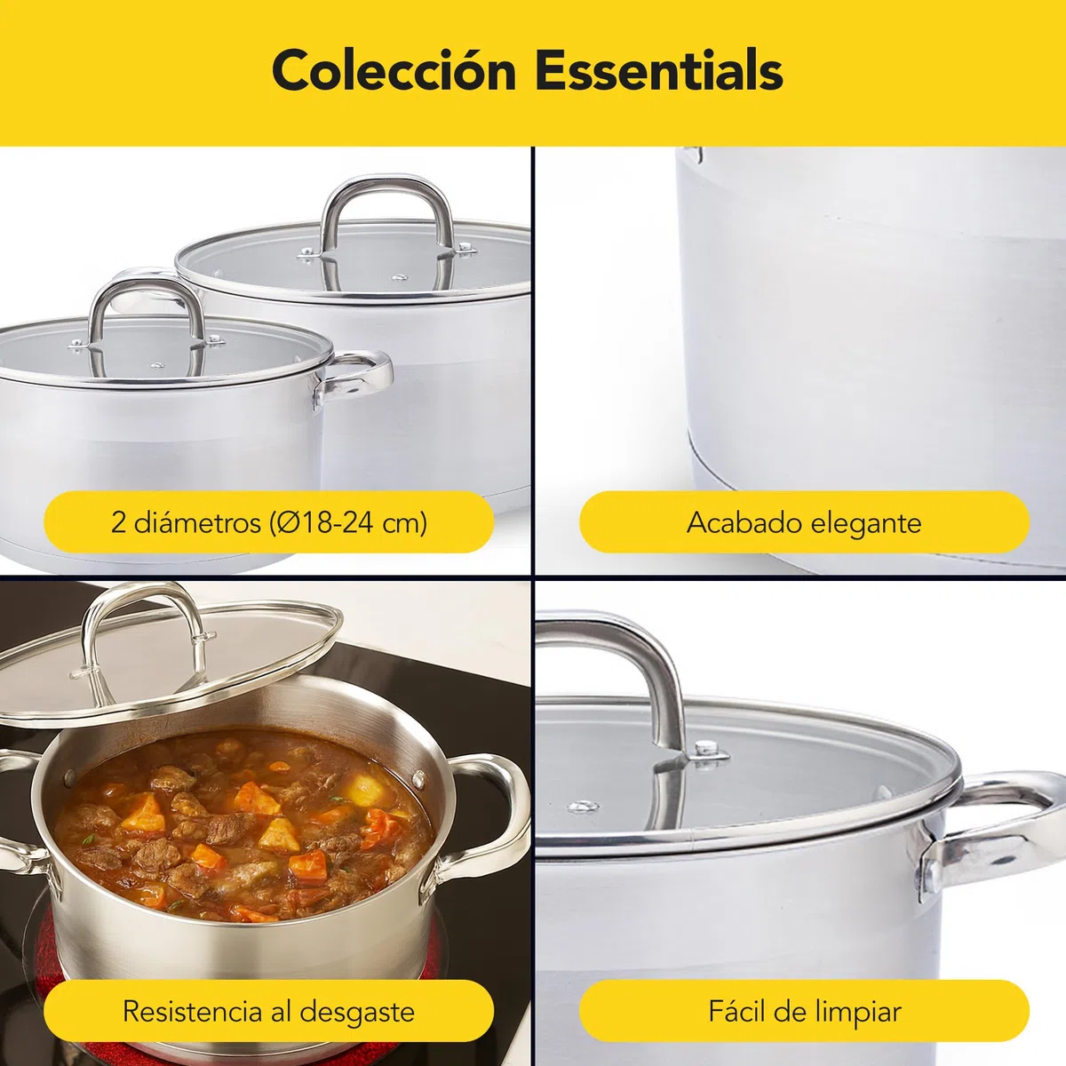 CASTEY - Olla Inox Essentials con Tapa 18 cm 3L, Acero Inoxidable, Compatible con Inducción, Gas y Vitrocerámica, Olla Grande para Guisos y Sopas, Menaje de Cocina