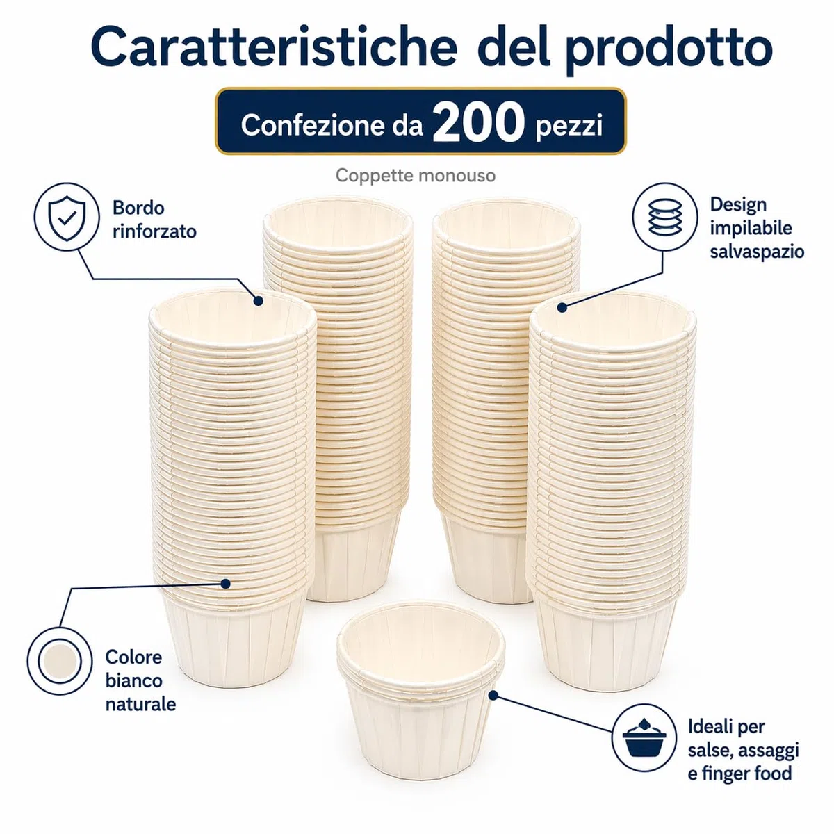 200 cuencos desechables de papel para salsas, cuencos blancos, 58 x 40 x 34 mm, ideales para ketchup, mayonesa, crema, degustación, buffet y Take Away