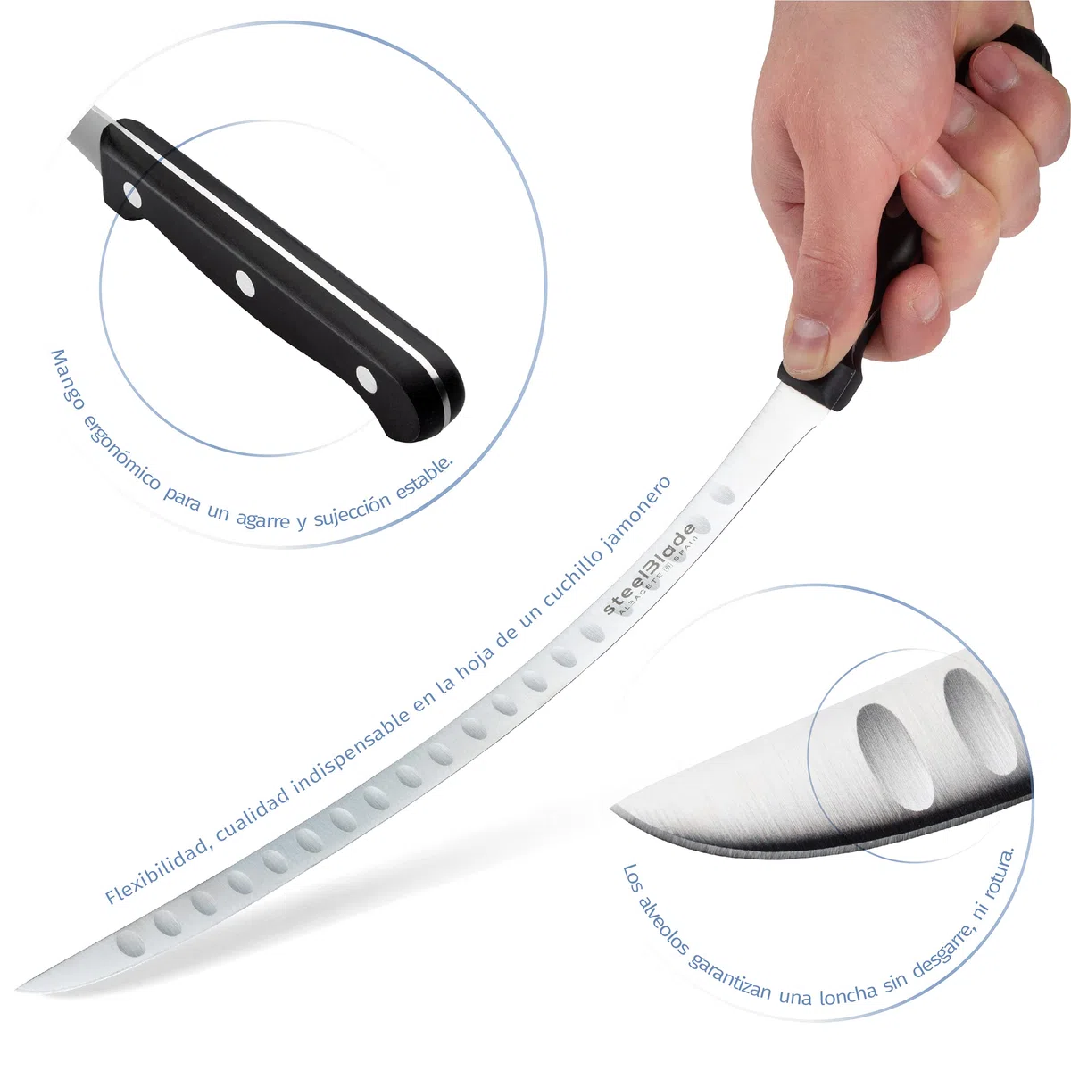 Cuchillo Jamonero Modelo Germany de 28 cm de Hoja Alveolada en Acero Inoxidable.