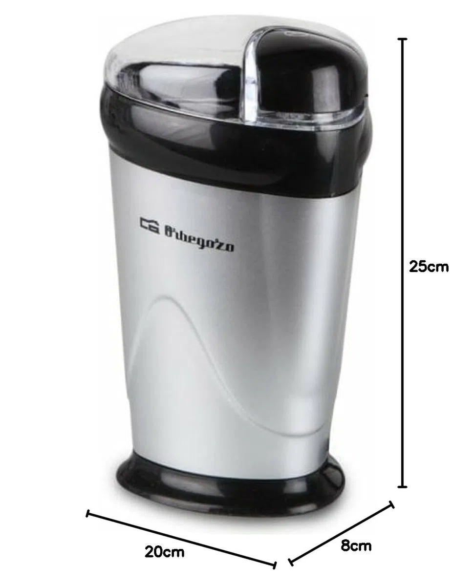 Orbegozo MO 3250, molinillo café eléctrico, 150 W, cuchilla acero inoxidable, tapadera transparente, interruptor de seguridad, color plata