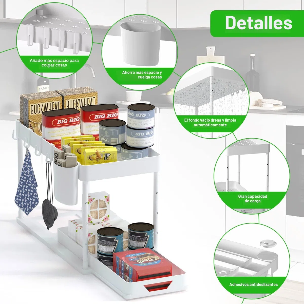 Estantería para lavabo de 2 niveles, con 4 ganchos, 8 alfombrillas antideslizantes y 1 taza colgante estante para lavabo de cocina (blanco)