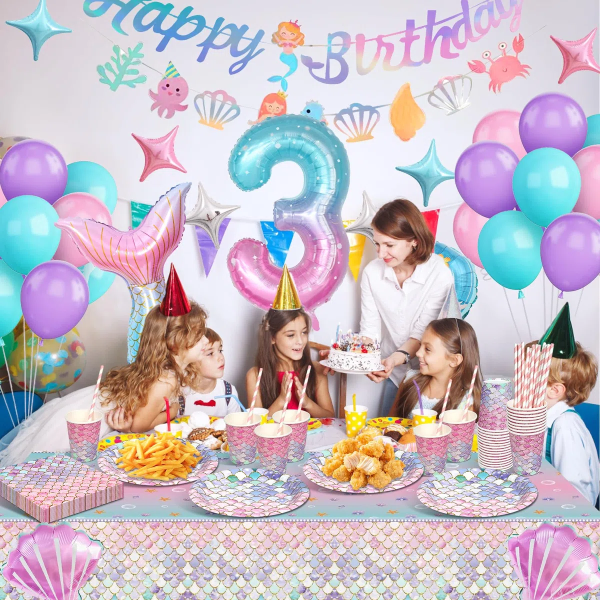 Sirena Vajilla y Decoraciones para Fiesta de Cumpleaños - 3 Años - Juego de Vajilla, Globos Decorativos para Niña - 16 Invitados