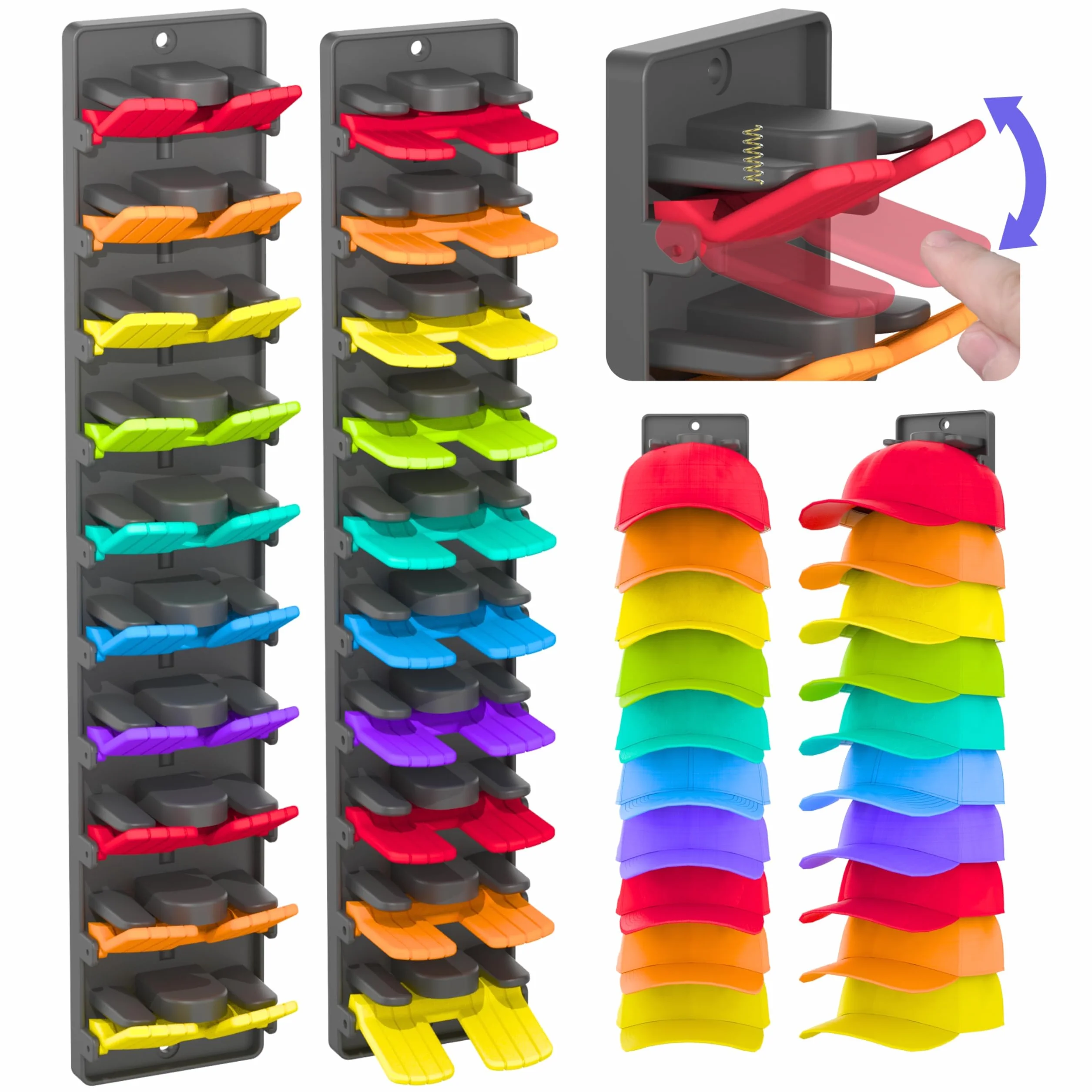 Estante de pared de 2 unidades, soporte para gorras, con pinzas de resorte integradas para hasta 20 sombreros, soporte de pared multicapa, almacenamiento de gorros con pegamento fuerte y
