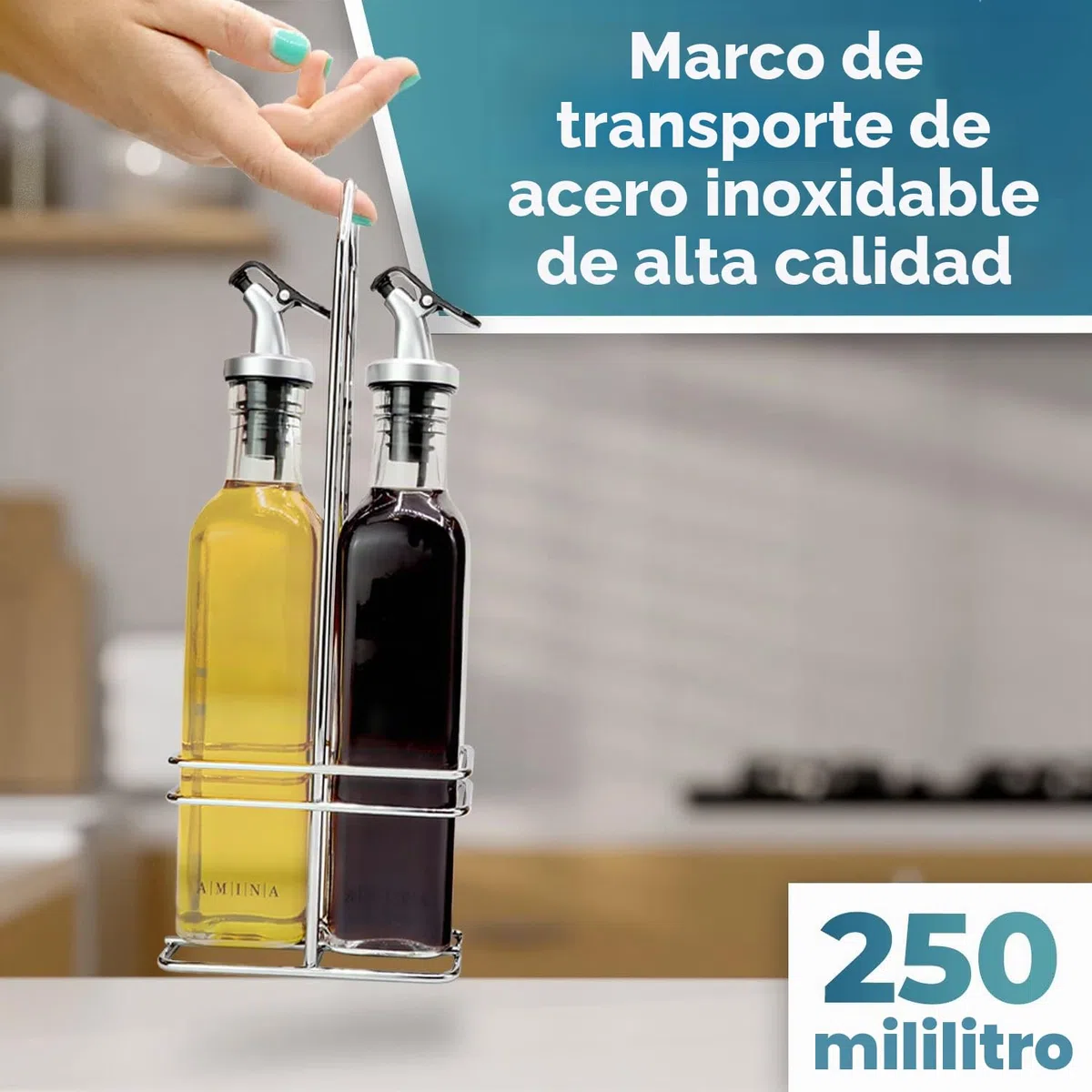 Juego de vinagrera y aceitera - (Toscana) 2 botellas de aceite de 250 ml con soporte | a prueba de fugas y sin goteo | con tapón antisuciedad