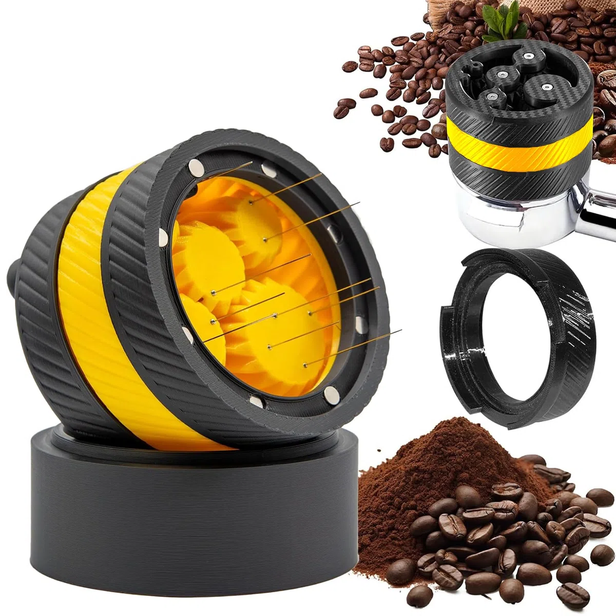 WDT Tool Espresso, Distribuidor de espresso con diseño de engranaje planetario, compatible con mango de 58 mm, accesorios esenciales para máquinas espresso, amarillo y negro