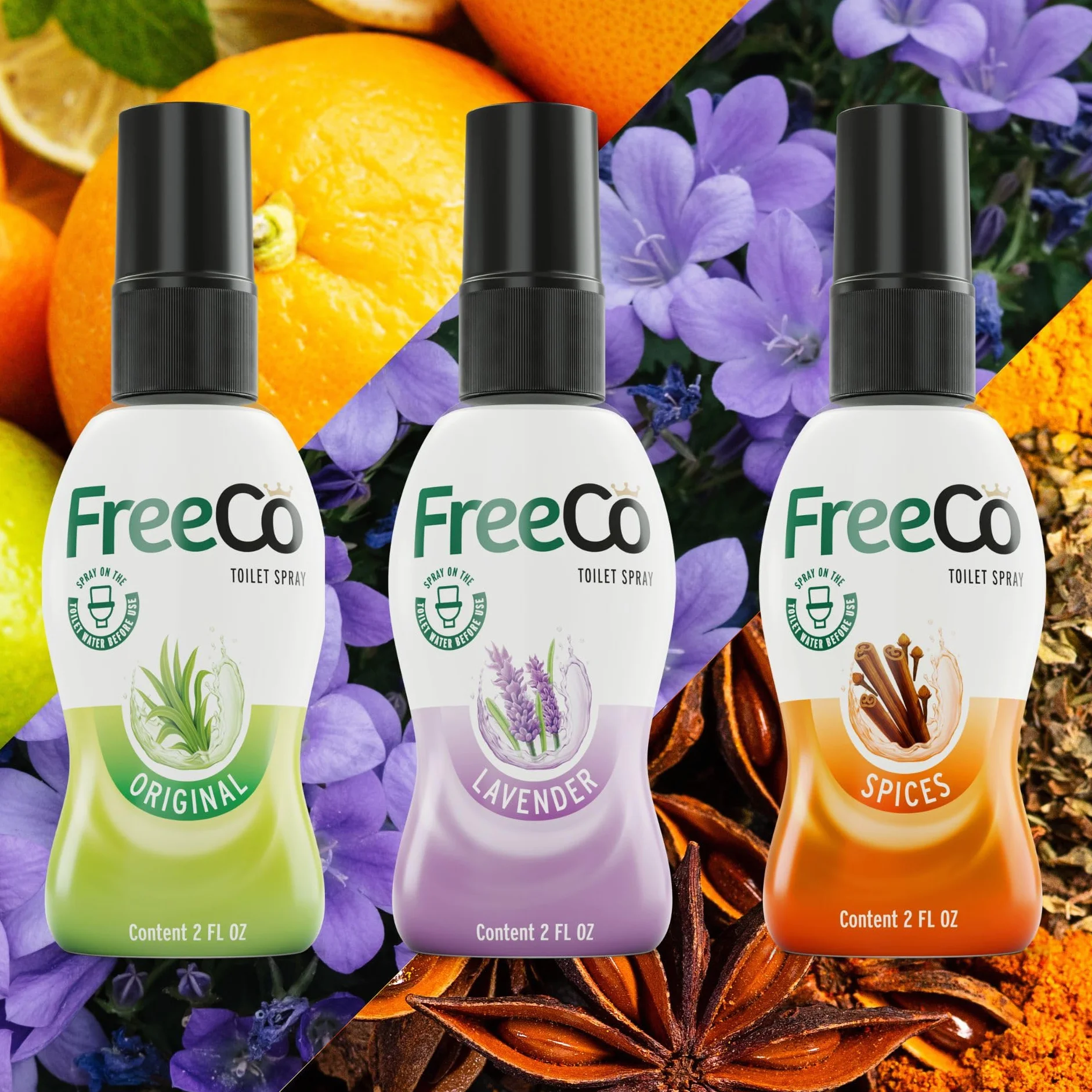 Freeco Spray WC Bloqueador Olores (before you go) | ANTES de que Empiece c/Aceites Esenciales Naturales | Pack Surtido 3x60ml: Original Citrus, Especias y Lavanda | Hogar, Oficina, Negocios y Viajes