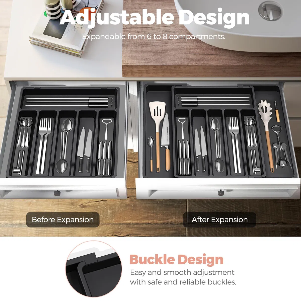HIYAA Bandeja de utensilios extensible para cajón, organizador de cajones para cocina, soporte de almacenamiento de plástico para cubiertos, cucharas, tenedores, etc,negro