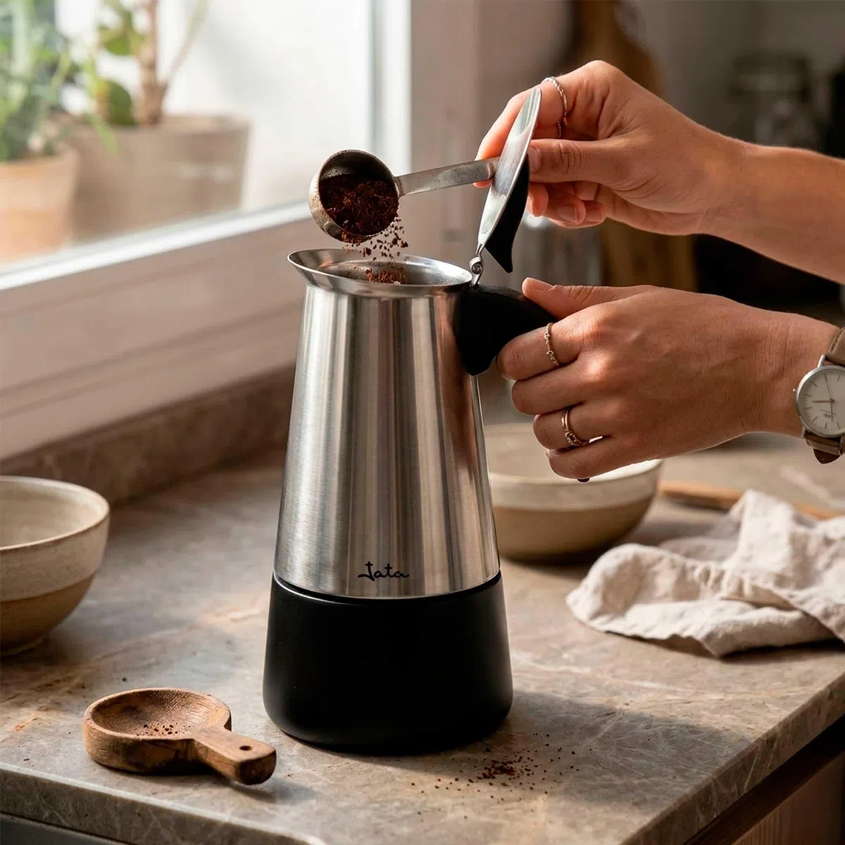 JATA HOGAR HCAF2259 - Cafetera Italiana Inducción 9 Tazas Acero Inoxidable, Cafetera Moka Espresso para Todas las Cocinas, Fondo Full Induction, Asa Ergonómica, 500 ml