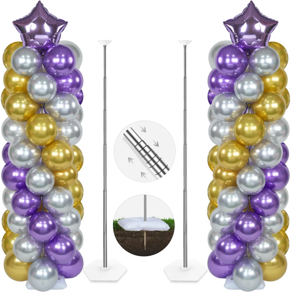 YALLOVE Soporte para Globos, Juego de 2, Soporte de Columna de Globo Ajustable 2m, Estructura para Globos Metálica Telescópica Reutilizable Para Fiesta, Boda, Cumpleaños (Globos no Incluidos)