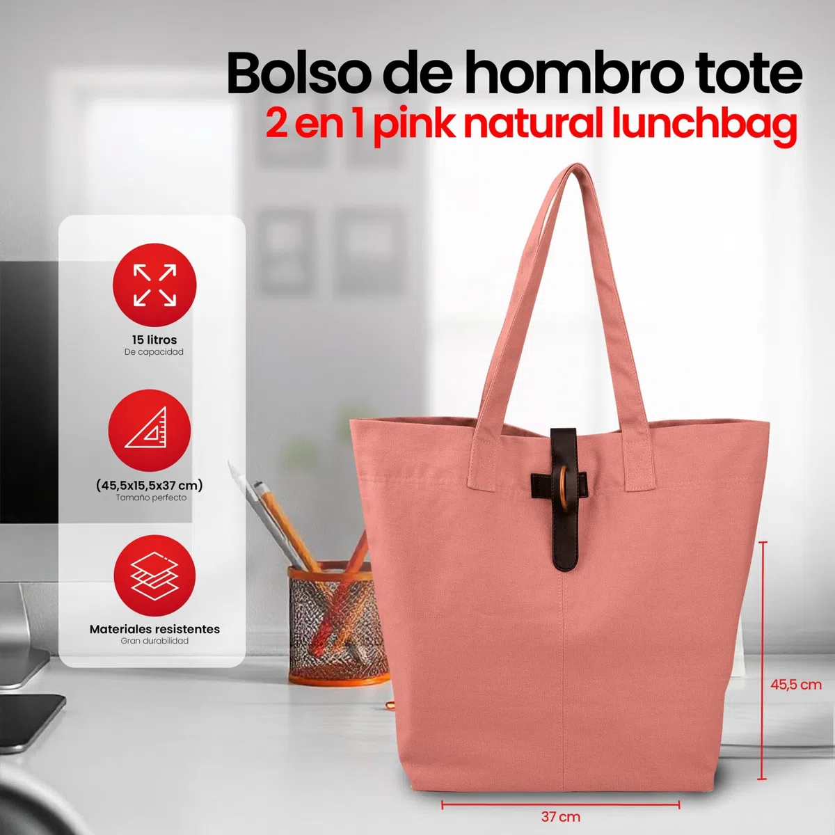 IRIS BARCELONA - Natural Tote Bag, Bolsa Tote Estilo Lunch Bag y Bolso de Hombro 45,5 x 15,5 x 37 cm 15 l Rosa