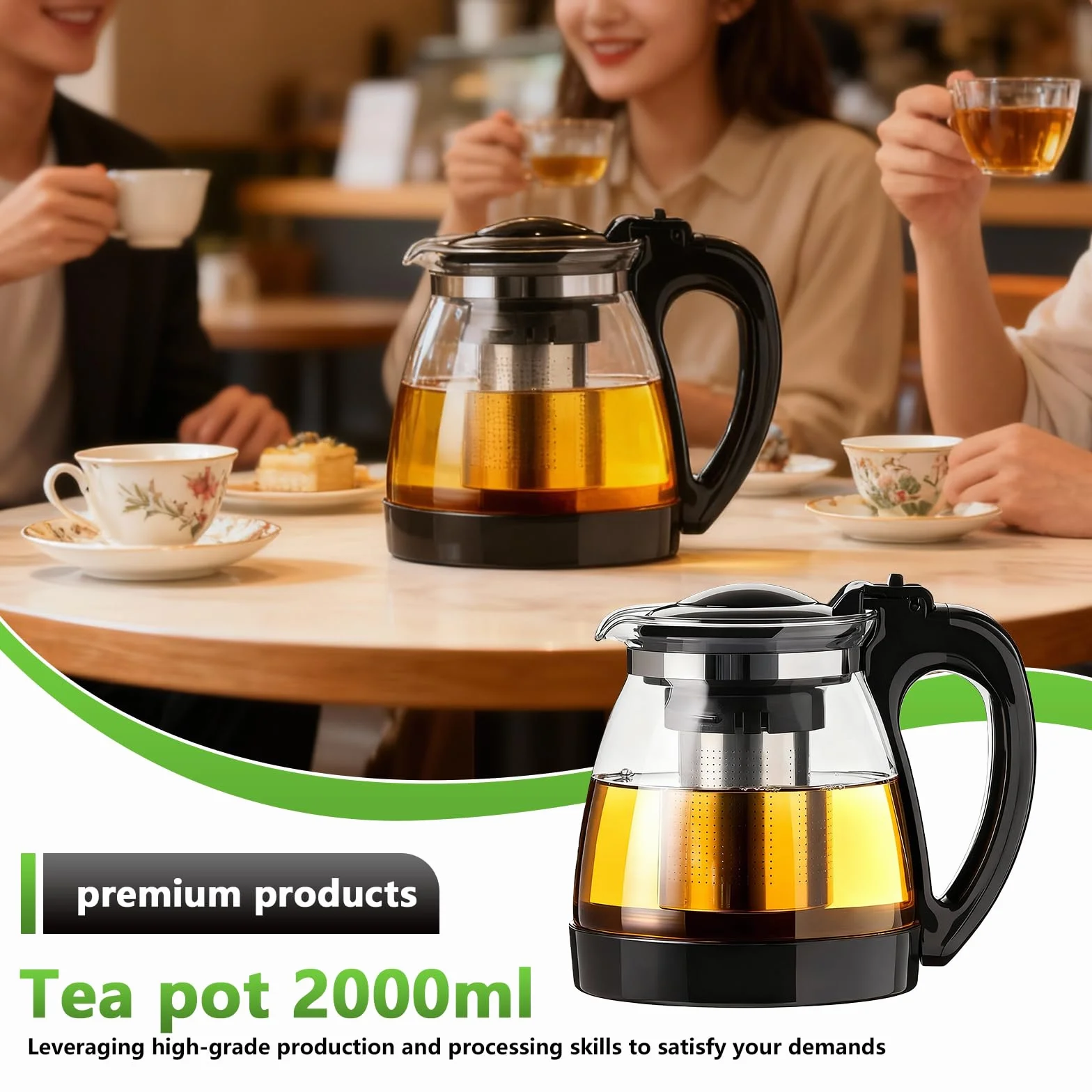 Tetera de cristal de 2 litros, resistente al calor, con colador de acero inoxidable y cepillo de limpieza, para té suelto, té verde, té de hierbas