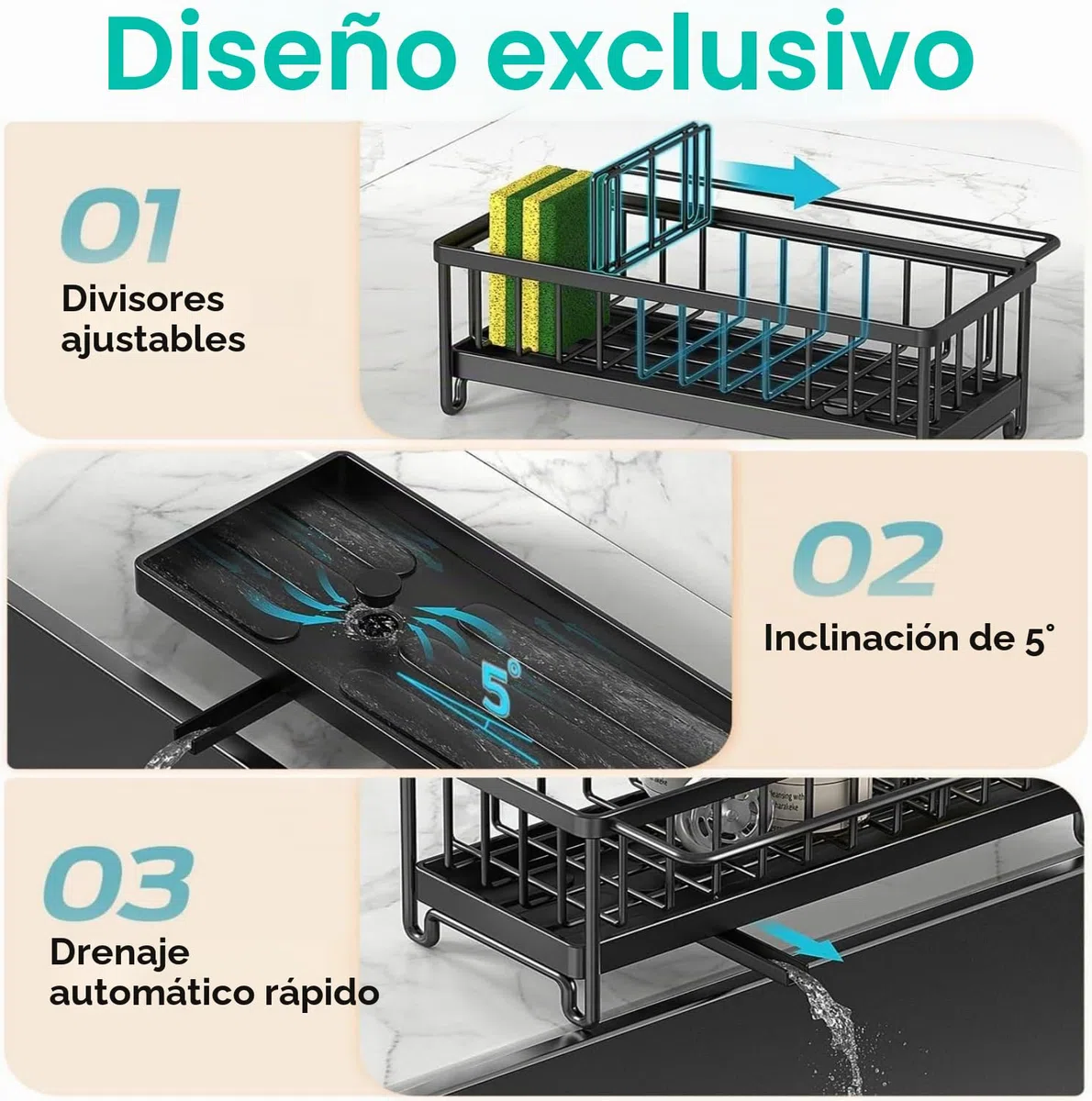 Organizador Fregadero, Soporte Estropajo Fregadero de Cocina Acero Inoxidable con Bandeja de Desagüe Extraíble, Toallero y divisores Ajustables, Cocina Organizador de Lavado, Negro