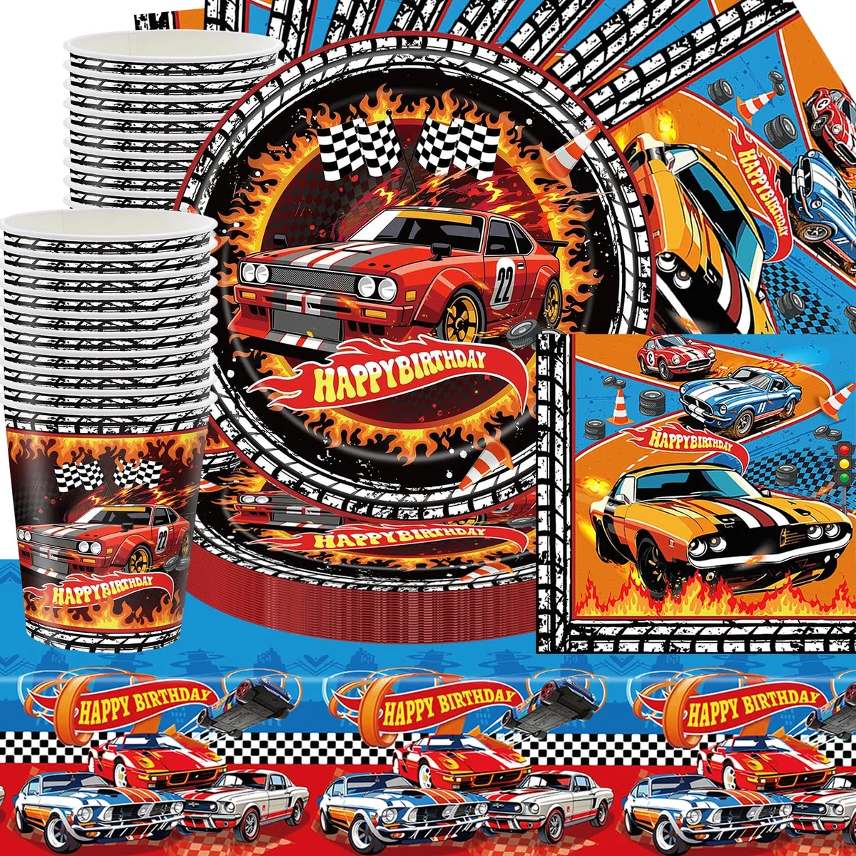 Racing Party cutlery set, 61Stk racing party decoration, dibujos animados temáticos cutlery including plates, tazas, tissues, tablecloths, decoraciones de cumpleaños para niños