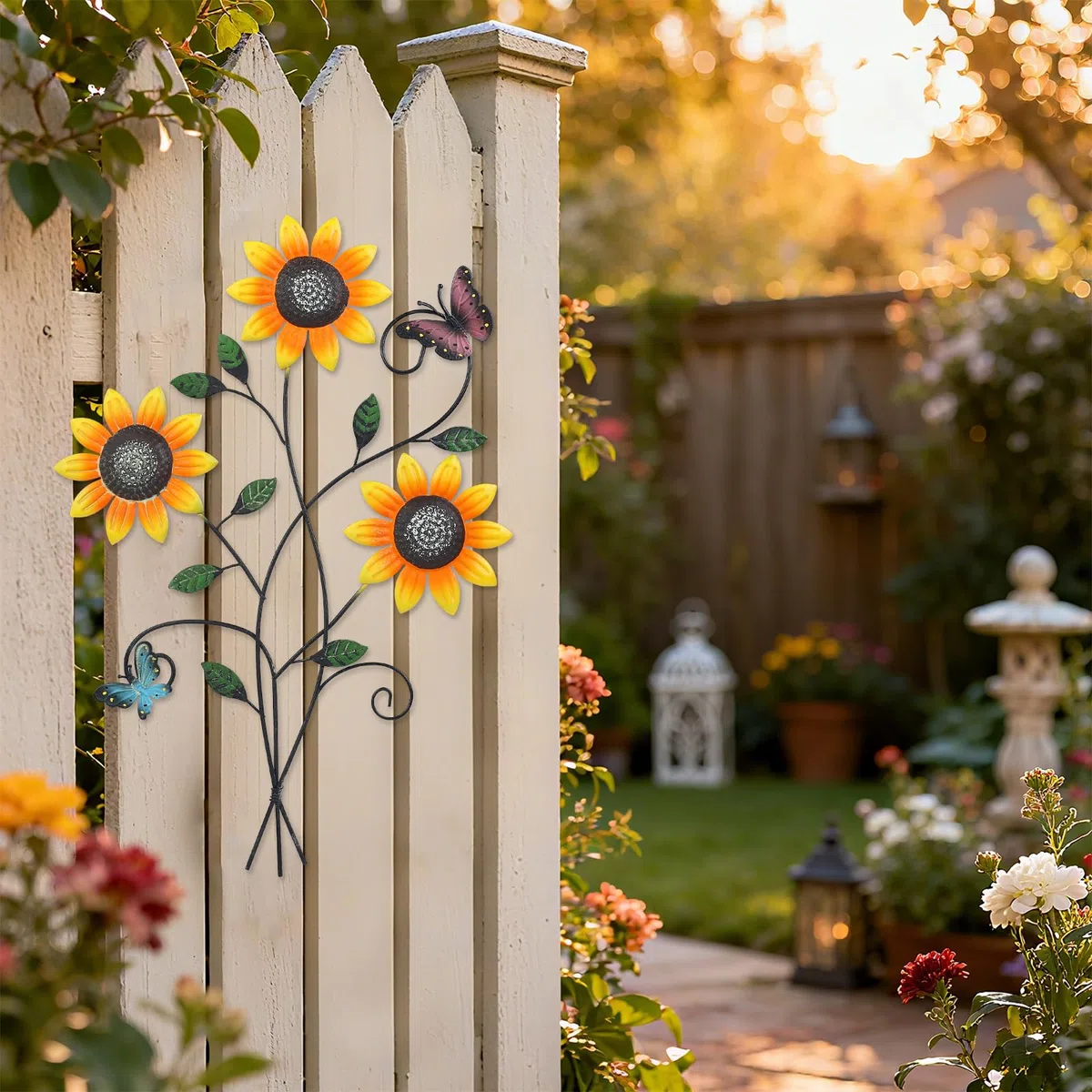 DETENE Flores Metalicas Decoracion Pared Decoración de Pared de Metal Girasol con Mariposa Decoración de Las Paredes del Jardín para Sala de Estar,Comedor Balcón y Patio (Luz nocturna)