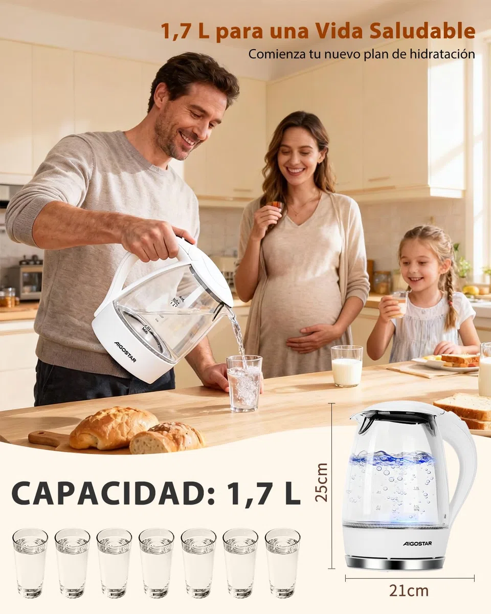 Aigostar Hervidor Agua Electrico Blanco 1,7 Litros - Hervido Rápido Electric Kettle 2200W, Iluminación LED, Vidrio de Borosilicato, Libre de BPA, Filtro Anti-Cal, Apagado Automático
