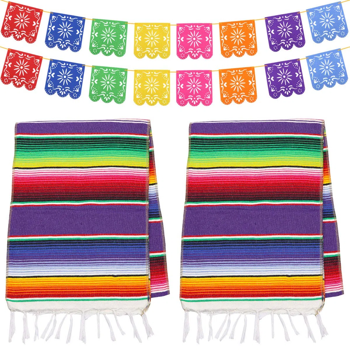 Dreamtop Camino de Mesa Mexicano de 14 x 84 Pulgadas, Manta de Serape Mexicana de algodón con Flecos Coloridos Corredores de Mesa con 8 Colores, 16 pancartas de Picado para Fiestas mexicanas, Bodas