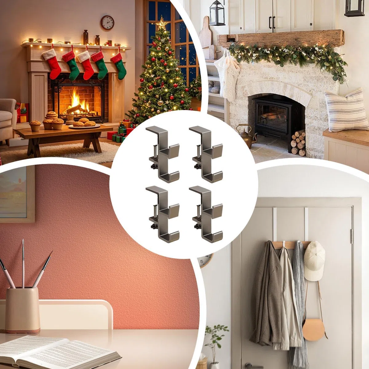 Colgador para Guirnaldas - Colgador 2 en 1 para Guirnaldas y Medias, Sujeta Guirnaldas para Chimeneas | Sujeta Guirnaldas y Medias, Ganchos Ajustables para Decoración Navideña - Sujetador Sin Taladro