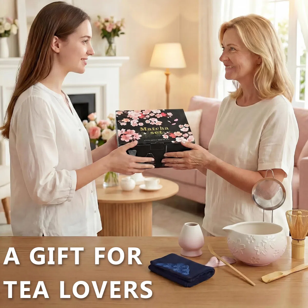 8 piezas Matcha Kit, Kit Té Matcha Con Cuenco Pico Matcha, Batidor Matcha,Cuchara, Tamiz, Soporte para Batidor, Kit Matcha Completo Regalo para Amantes el Matcha, Blanco Rosa