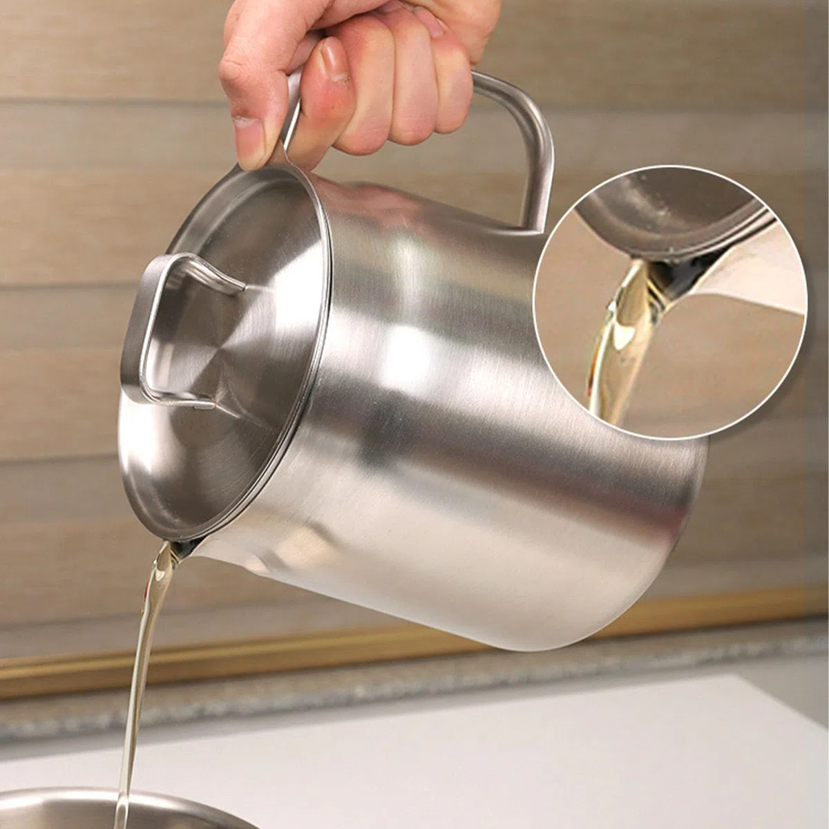 Stainless Steel Oil Filter Pot with Strainer for Kitchen, 304 Stainless Steel, Large Capacity, Versatile Oil Fryer and Filter Cup Combo Vessel (1.5L)