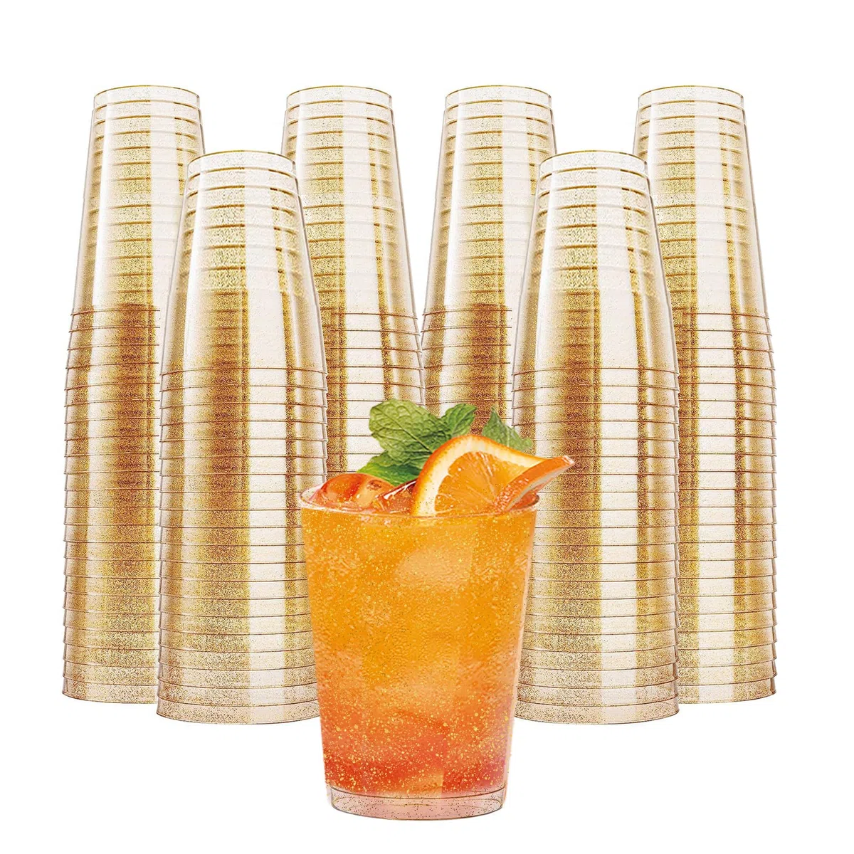 50 vasos de plástico duro con purpurina dorada, 360 ml, vasos de plástico reutilizables transparentes para fiestas, bodas, cumpleaños