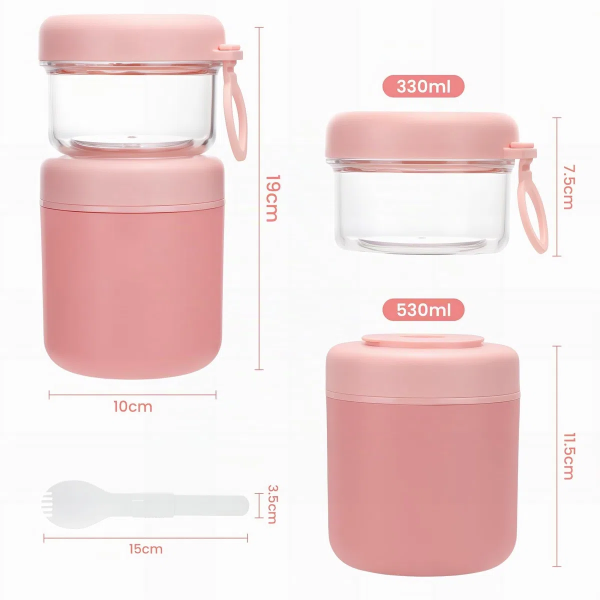 Bugucat Vaso de Cereales Para Llevar de Acero Inoxidable,530 ml + 330 ml,a Prueba de Fugas,Fiambrera Para Llevar Con Cuchara, Práctica Fiambrera Para Yogur y Cereales,Para Trabajo, Escuela,Rosa