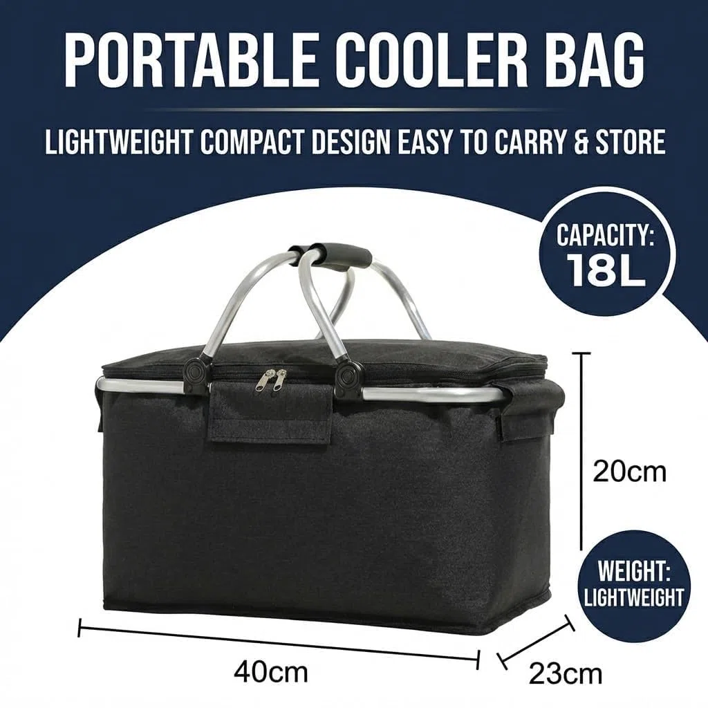 Cesta de la compra plegable con función de refrigeración, cesta de picnic térmica, cesta de transporte, nevera portátil con asas acolchadas, para ir de compras, viajar y hacer picnics. 18 L (Negro).