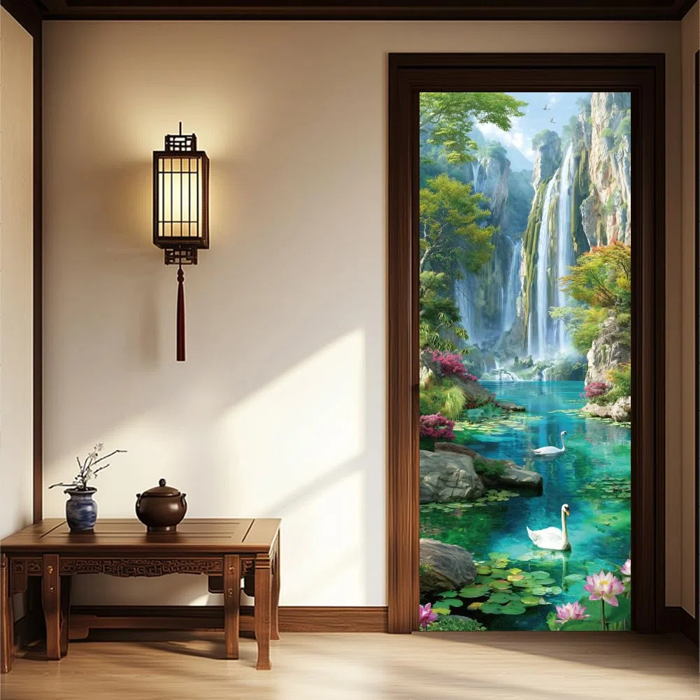 arricraft 2 calcomanías autoadhesivas para puerta, 31.5 x 78.7 pulgadas, diseño de lirio de agua de cisne, flores, plantas, paisajes verdes, murales de puerta, calcomanías de PVC para puertas