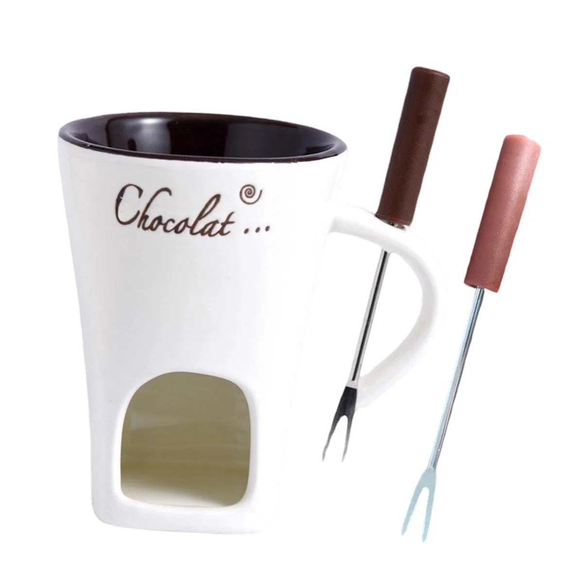 Chocolate Fondue Mug Set de Taza para Fondue de Cerámica con Tenedor para Melt Chocolate Calentar Snacks Funcional para el Hogar, Blanco, Individual
