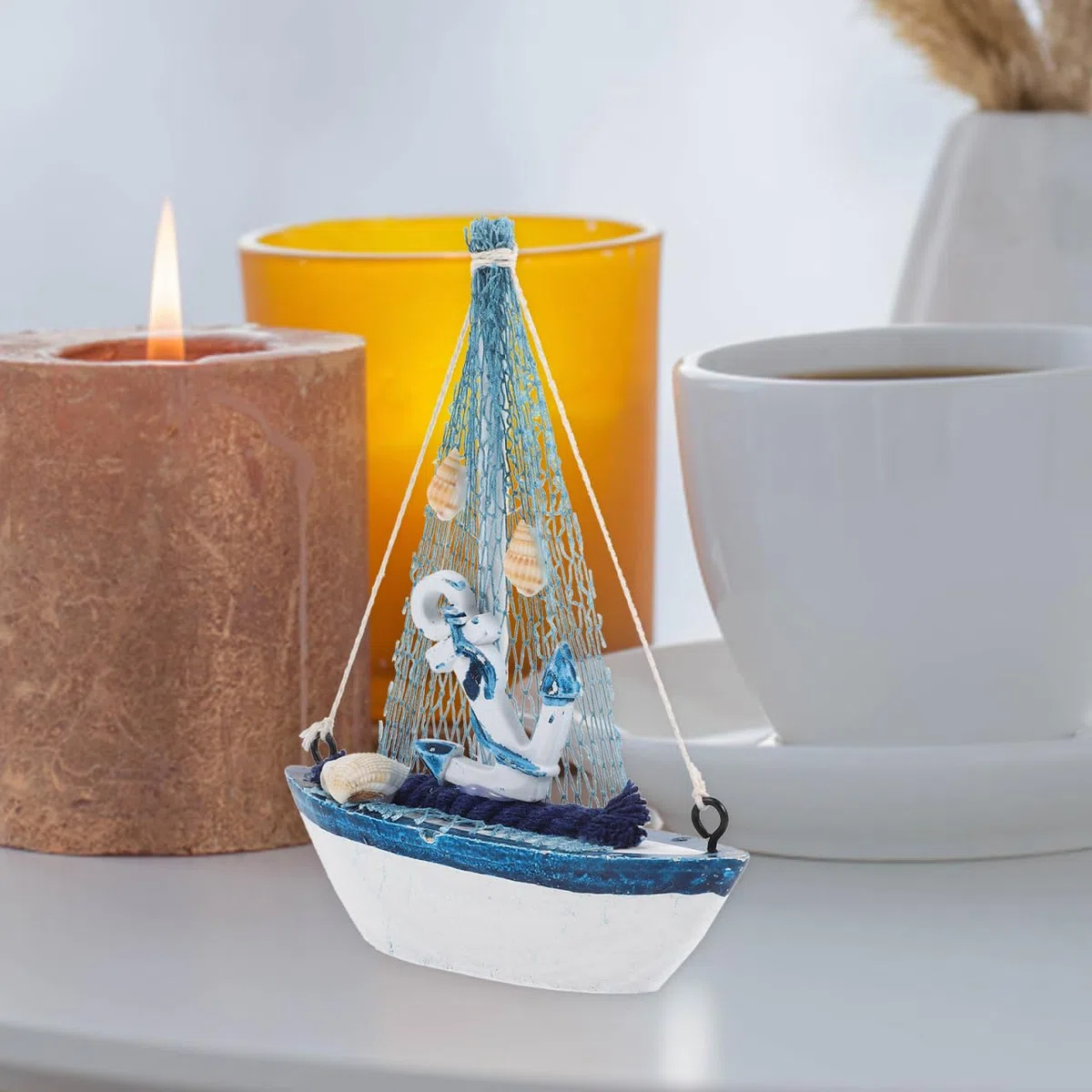 Modelo de Barco de Madera con Red de Pesca, Ancla, Concha náutica, decoración marítima para el hogar, decoración de Mesa