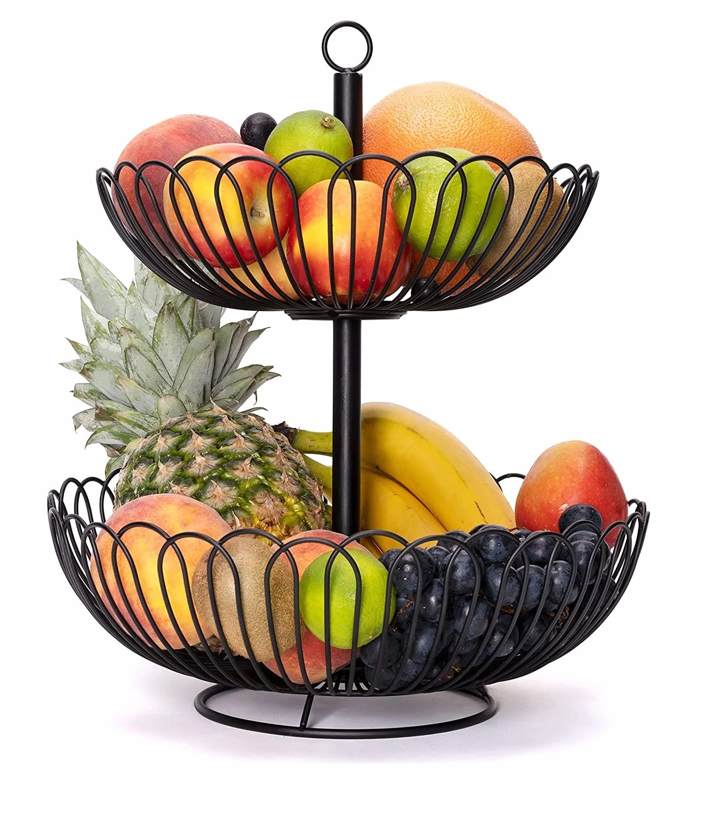 Chefarone Frutero de 2 Pisos – Cesta de Frutas Metálica Negra Estilo Vintage para Encimera y Mesa – Organizador de Cocina para Frutas, Verduras, Pan y Postres