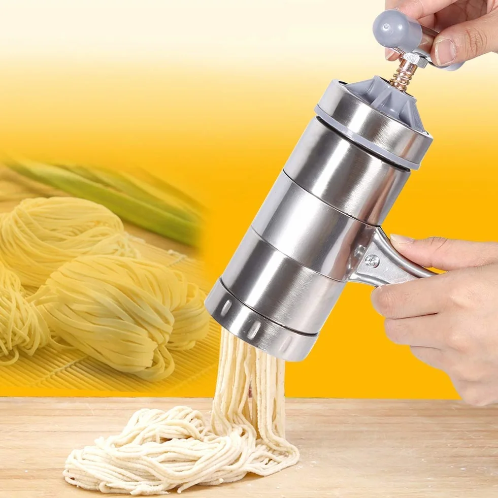 Máquina para Hacer Pasta, Máquina para Hacer Pasta, Prensa para Pasta, Prensa Manual para Pasta de Acero Inoxidable con 5 Cabezales de Molde para Fettuccine Fresco, Espagueti,