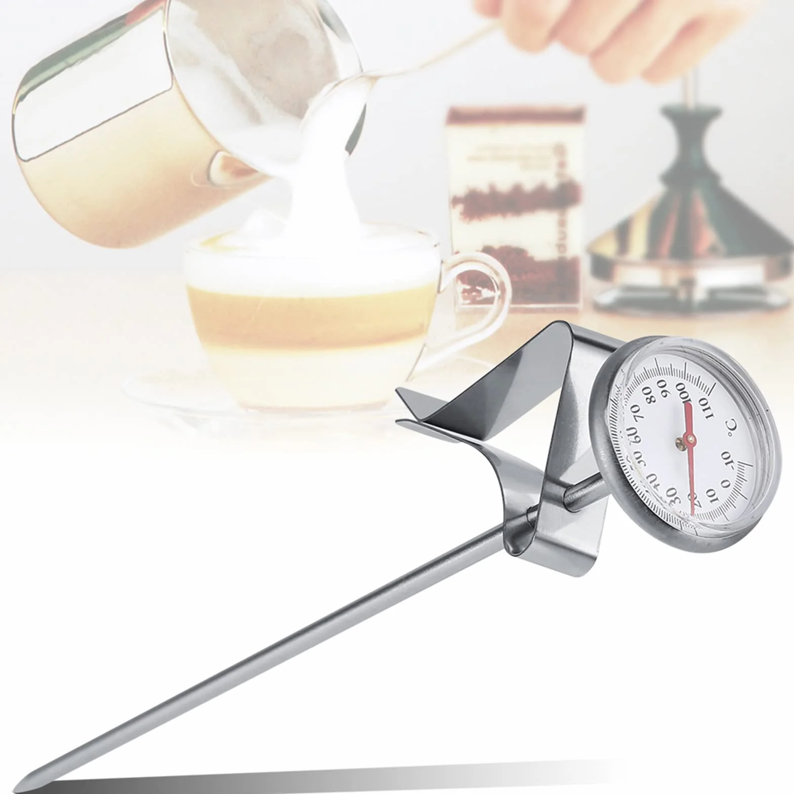 Raguso Termómetro de Leche de Acero Inoxidable -10~110 ℃ Termómetro de espumador de Leche con Pinzas y sonda para café Mermelada y espumado líquido