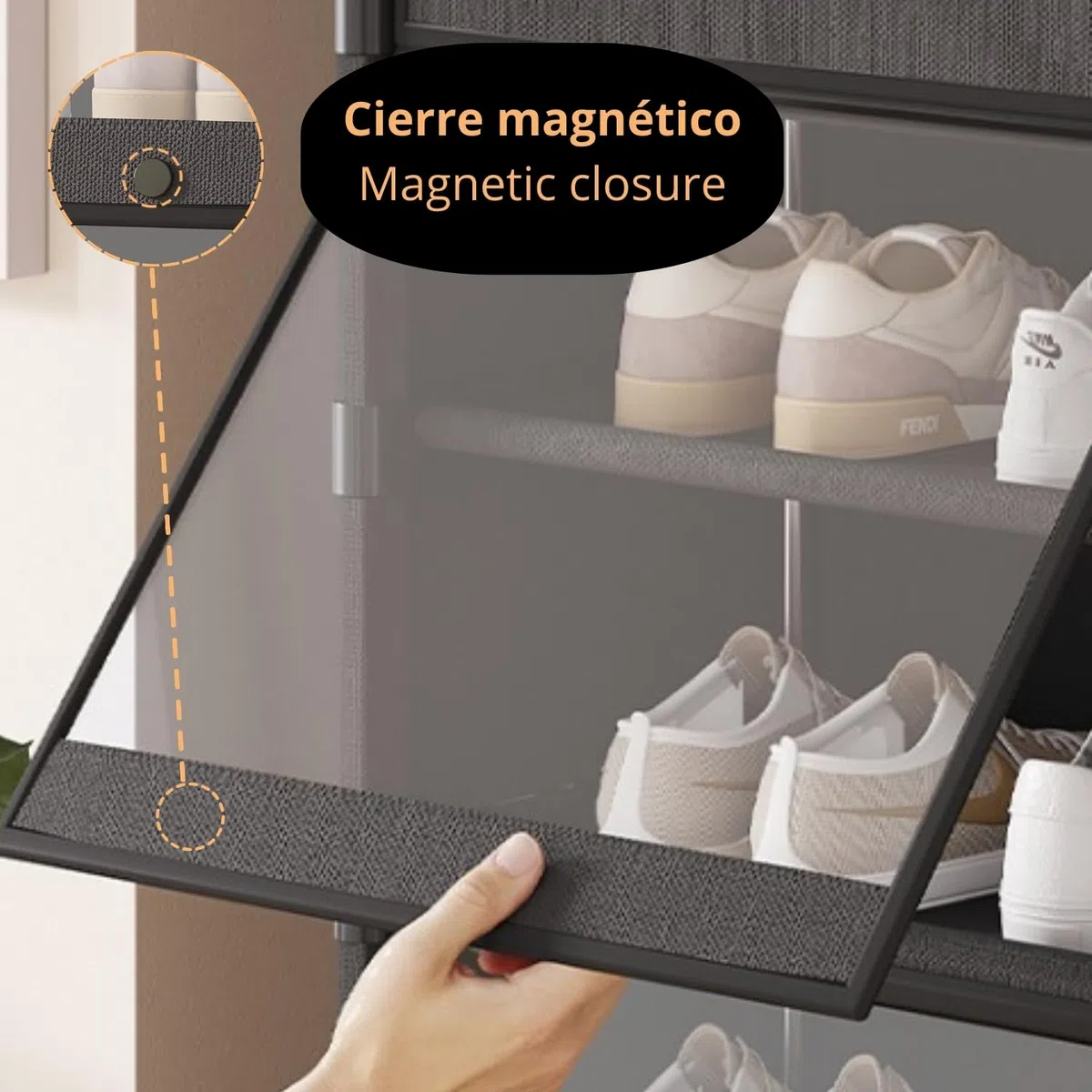 Organizador de zapatos de tela textil, Zapatero auxiliar, Compacto de varios niveles, Cierre magnético, Vertical, Tubo metal (6 estantes)
