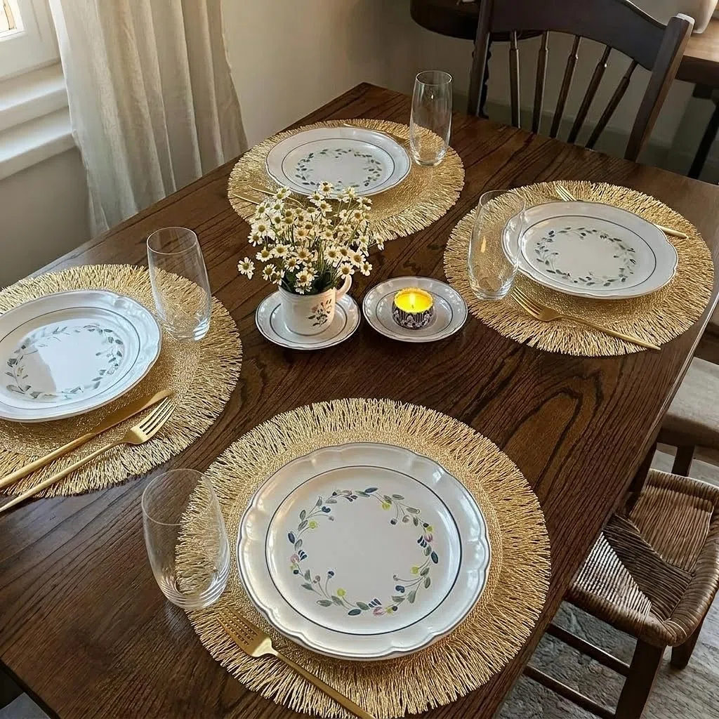 FAVE Juego de 6 manteles individuales redondos de vinilo dorados, lavables y ahuecados con borlas para decoración de mesa, uso diario, decoración de vacaciones (15 pulgadas, 6 piezas)